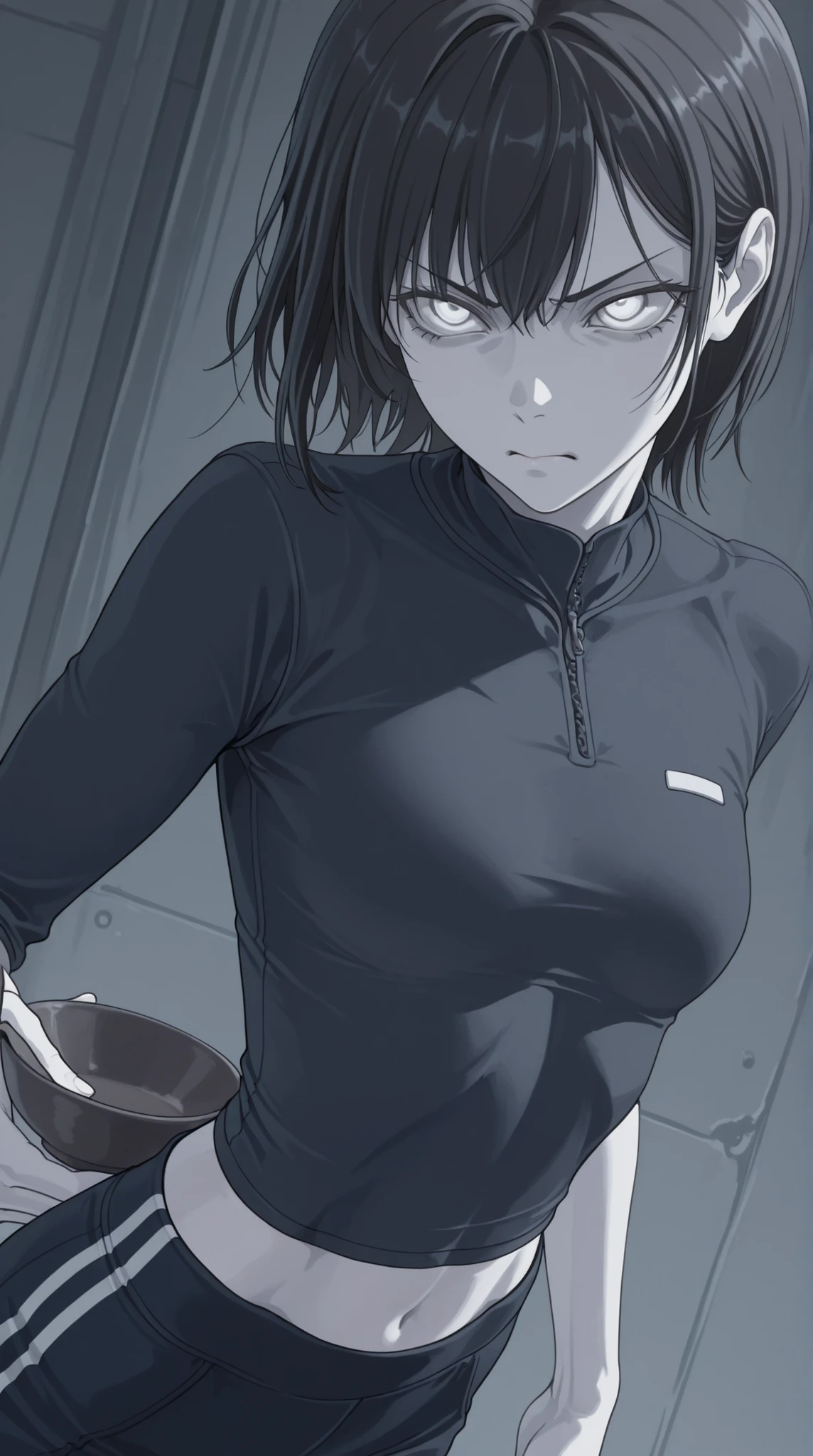 (Masterpiece:1.2), cold colors, dynamic pose, dynamic angle, ultradetailed face, fit shirt, skinny, small breasts, detailed shading, athletic body, slightly angry expression, young woman, pale skin, ((black hair)), short hair, bowl hair, straight hair, ((white eyes))
