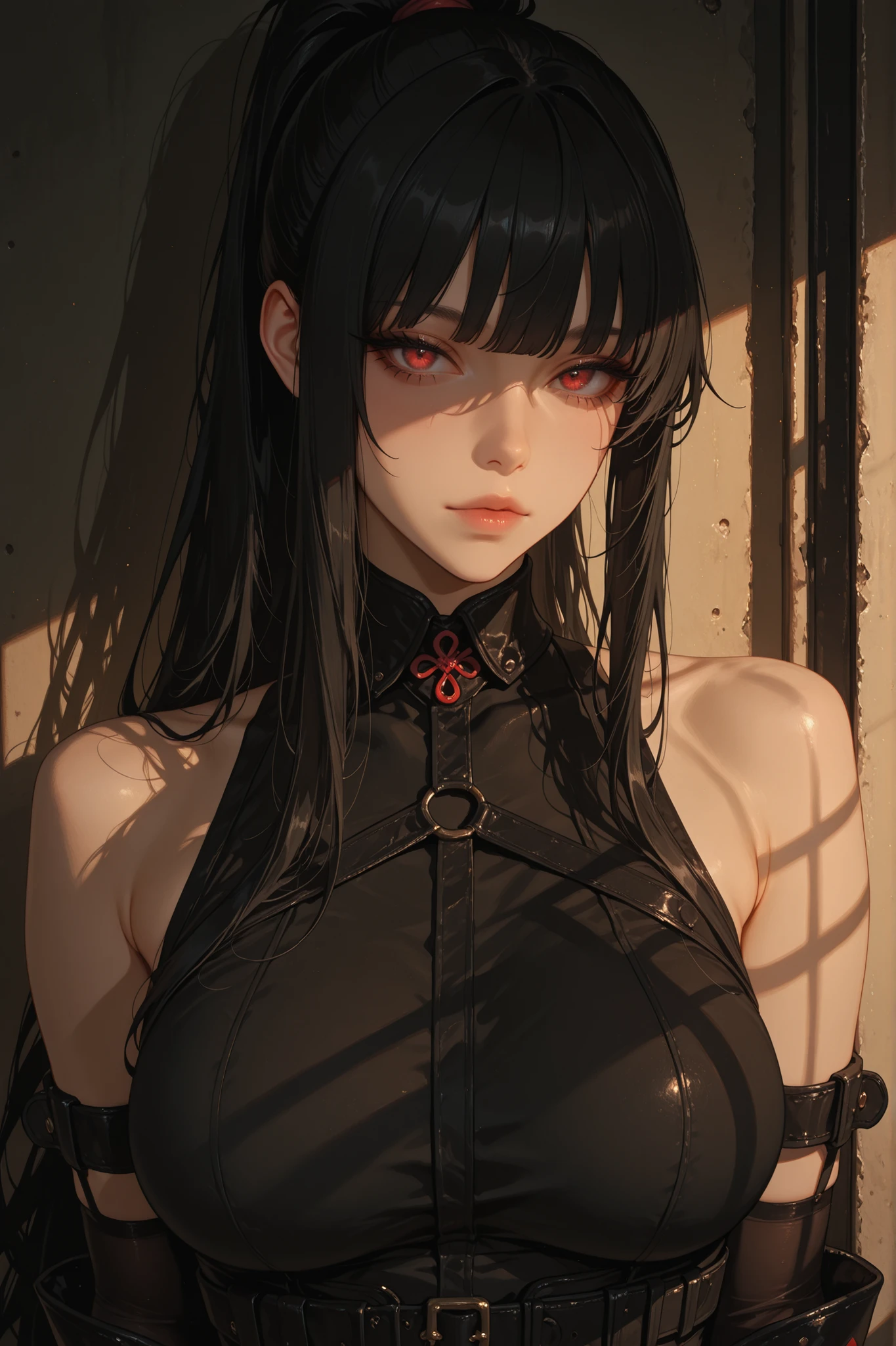 masterpiece, best quality, amazing quality, newest, very aesthetic, 1girl, solo, red eyes, long hair, upper body, black hair, ponytail, breasts, bangs, gloves, bare shoulders, looking at viewer, sleeveless, diffused lighting, soft shadows, absurdres, highres