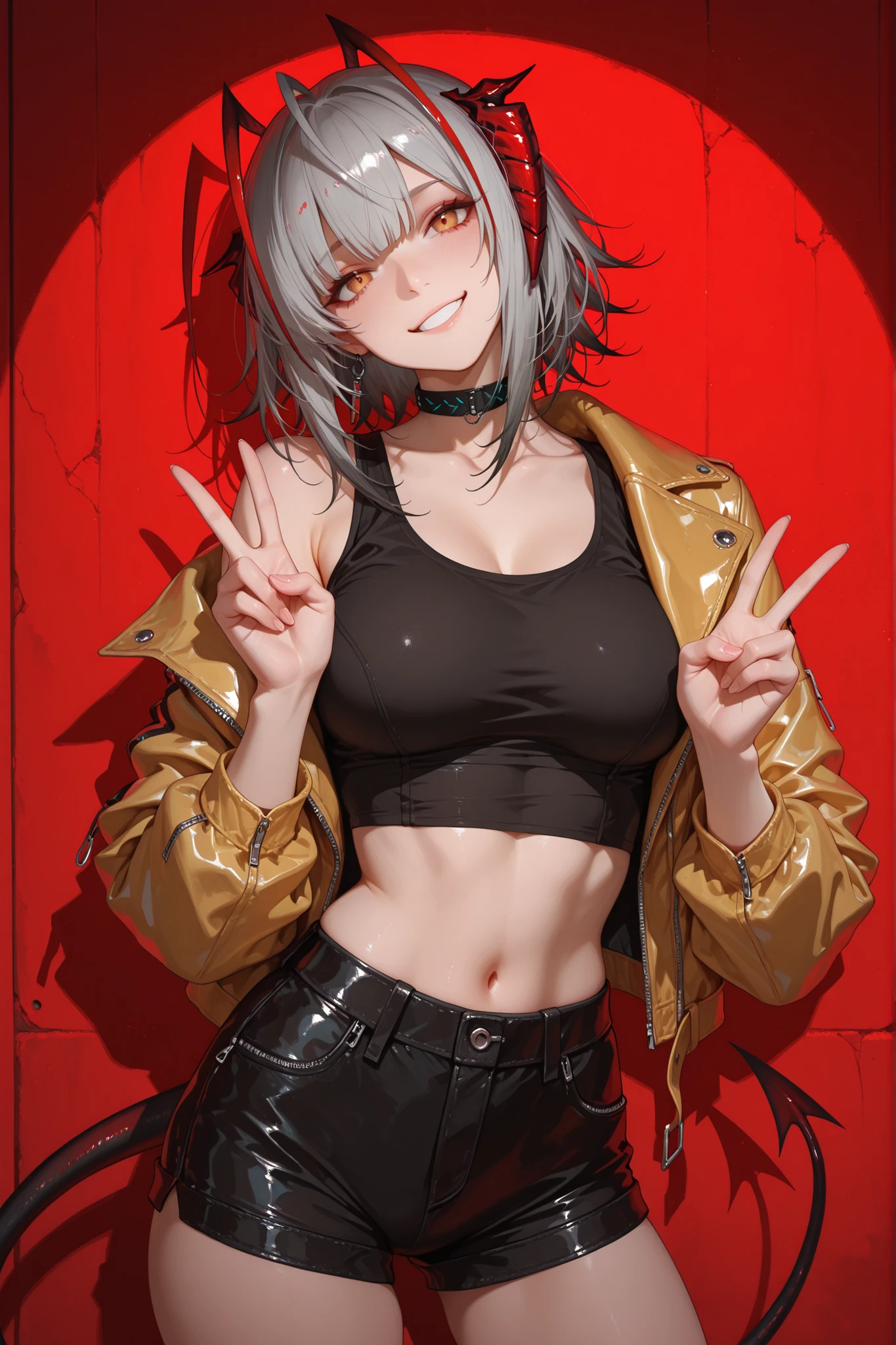 masterpiece, best quality, amazing quality, 1girl, w \(arknights\), smile, head tilt, v, demon tail, black shirt, tank top, crop top, yellow jacket, leather jacket, black shorts, red background, amazing background, diffused lighting, soft shadows, absurdres, highres