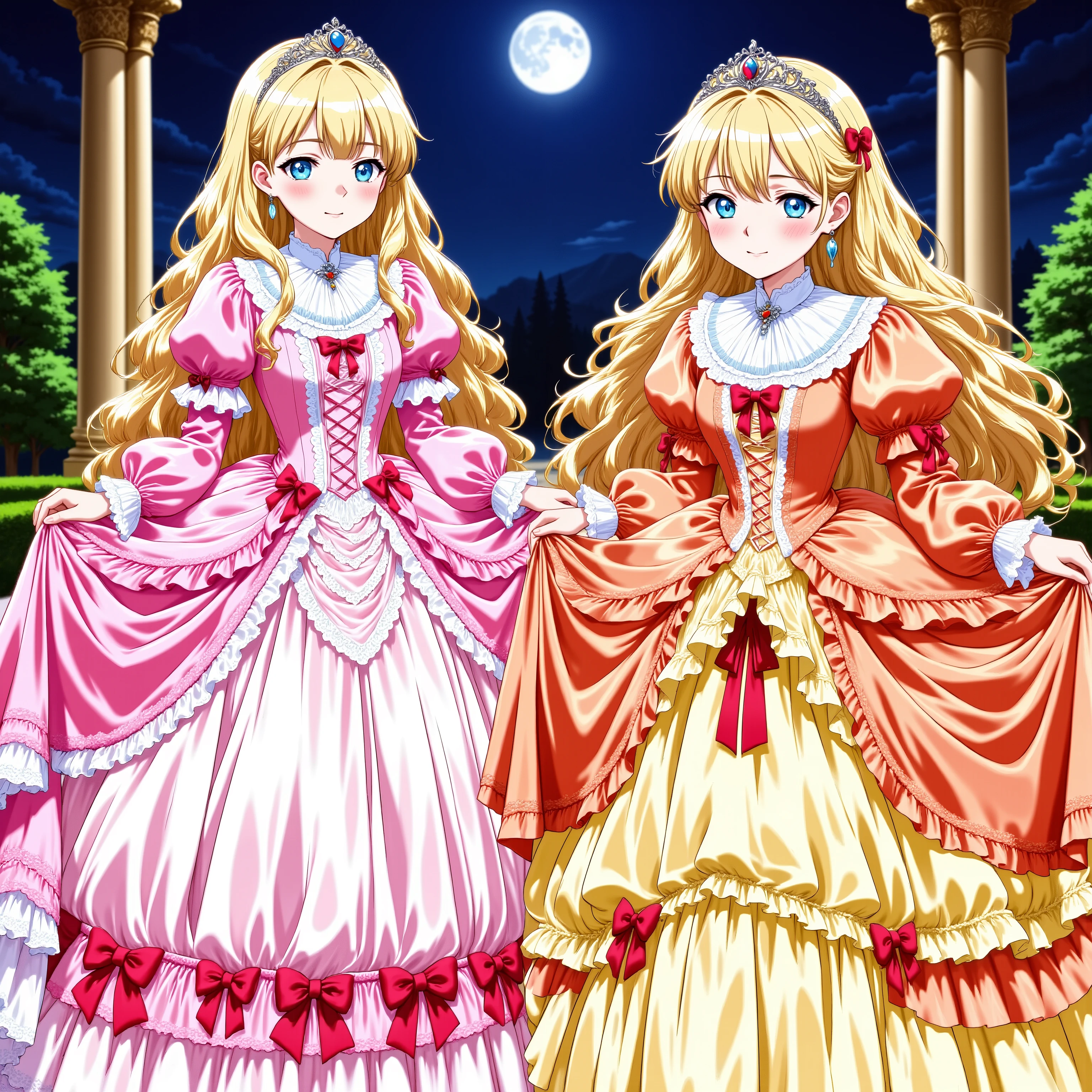 masterpiece, very beautiful, (anime着色, anime), OFFICIAL ART, illustration, 90年代animeスタイル,
1girl, masterpiece, Highest Quality, Ridiculous, OFFICIAL ART, official style, Cute Princess, she's laughing,((colorful silk satin victorian style large ball gown dress.:1.0)),short,long sleeve,The dress is adorned with lots of ruffles and ribbons., they have long blond wavy hair that is waist-length, in a luxurious European rococo palace ,I'm wearing a princess tiara on my head,