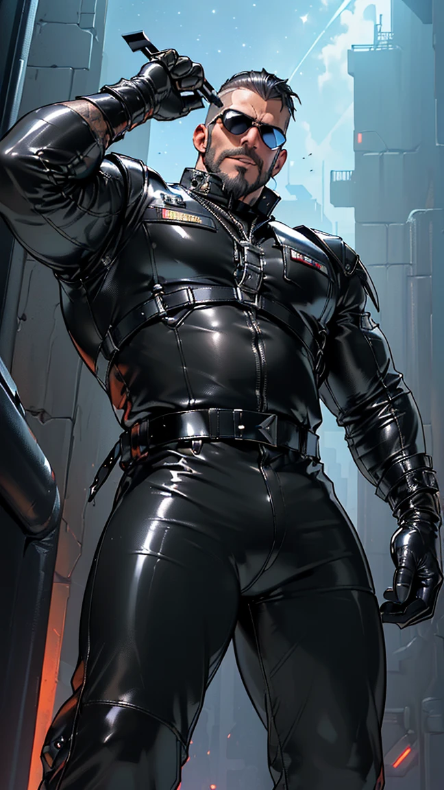 barret, dark skin male with gun arm and tattoo, sunglasses, bulk ,  , () ,  ,  , full body , black boots , laying 