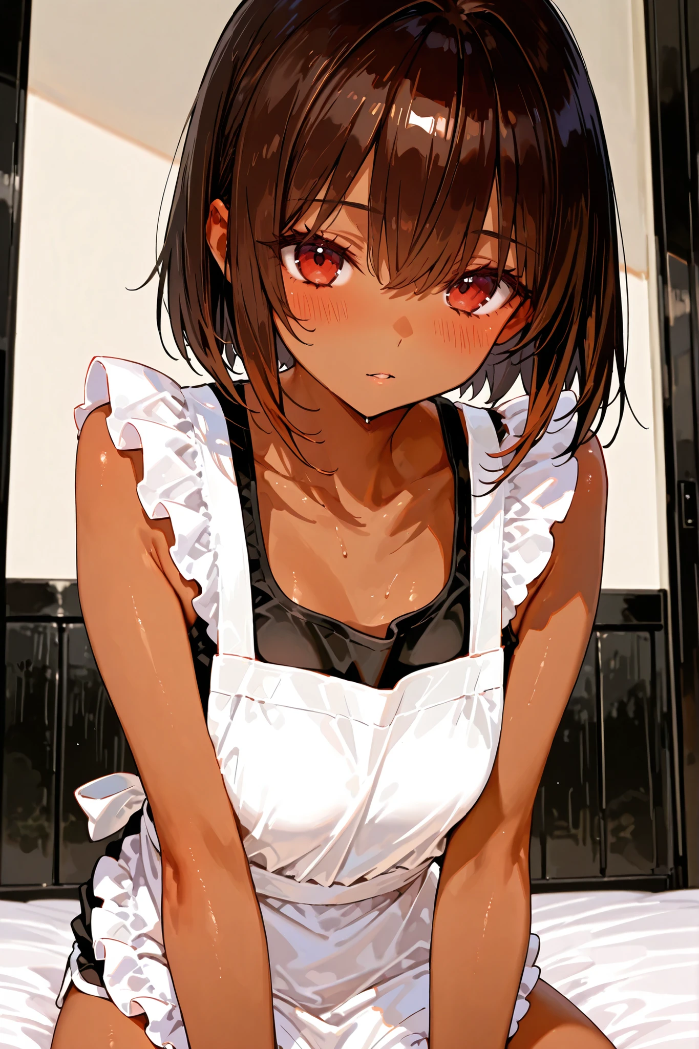 Brown skin。Petite。solo。Maru。black tank top with apron。Before Bed