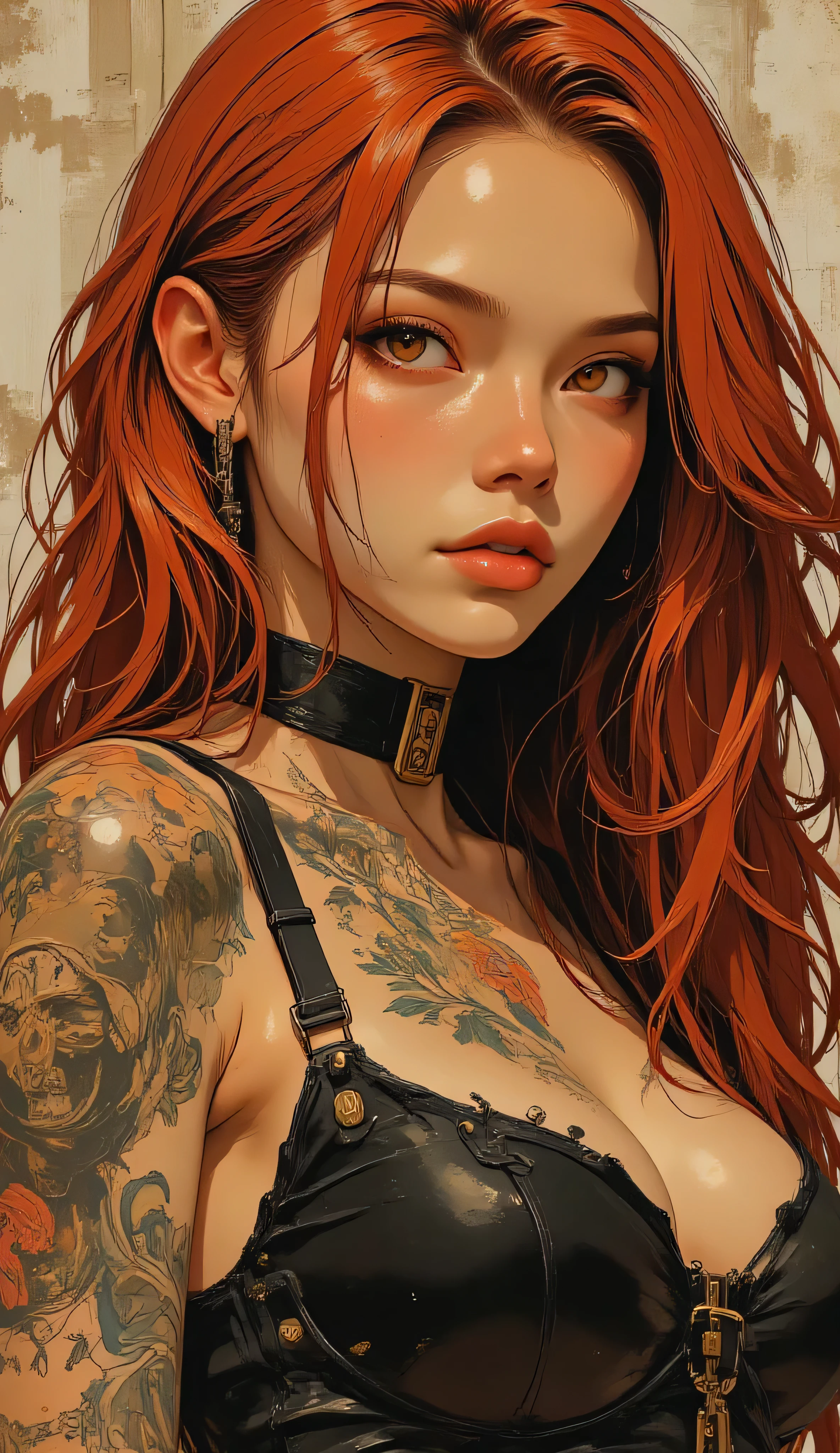  Score_9, score_8_up, score_7_up, ((highest quality)), ((masterpiece)), Perfect Face, (High definition), (Best Shadow), 8k, cinematic.A highly detailed artwork in the fantasy genre Luis Royo style using digital painting techniques. It features a full-body view of a woman with long, flowing red hair that cover her bust. Her slender physique is covered entirely only with tattoos that highlight her light skin. Her expression is intense, with a slight smile. The textures are finely detailed, from the smoothness of her skin to the softness of her hair. The artwork combines elements of fantasy and gothic styles, with a focus on intricate details and a sense of depth and movement.