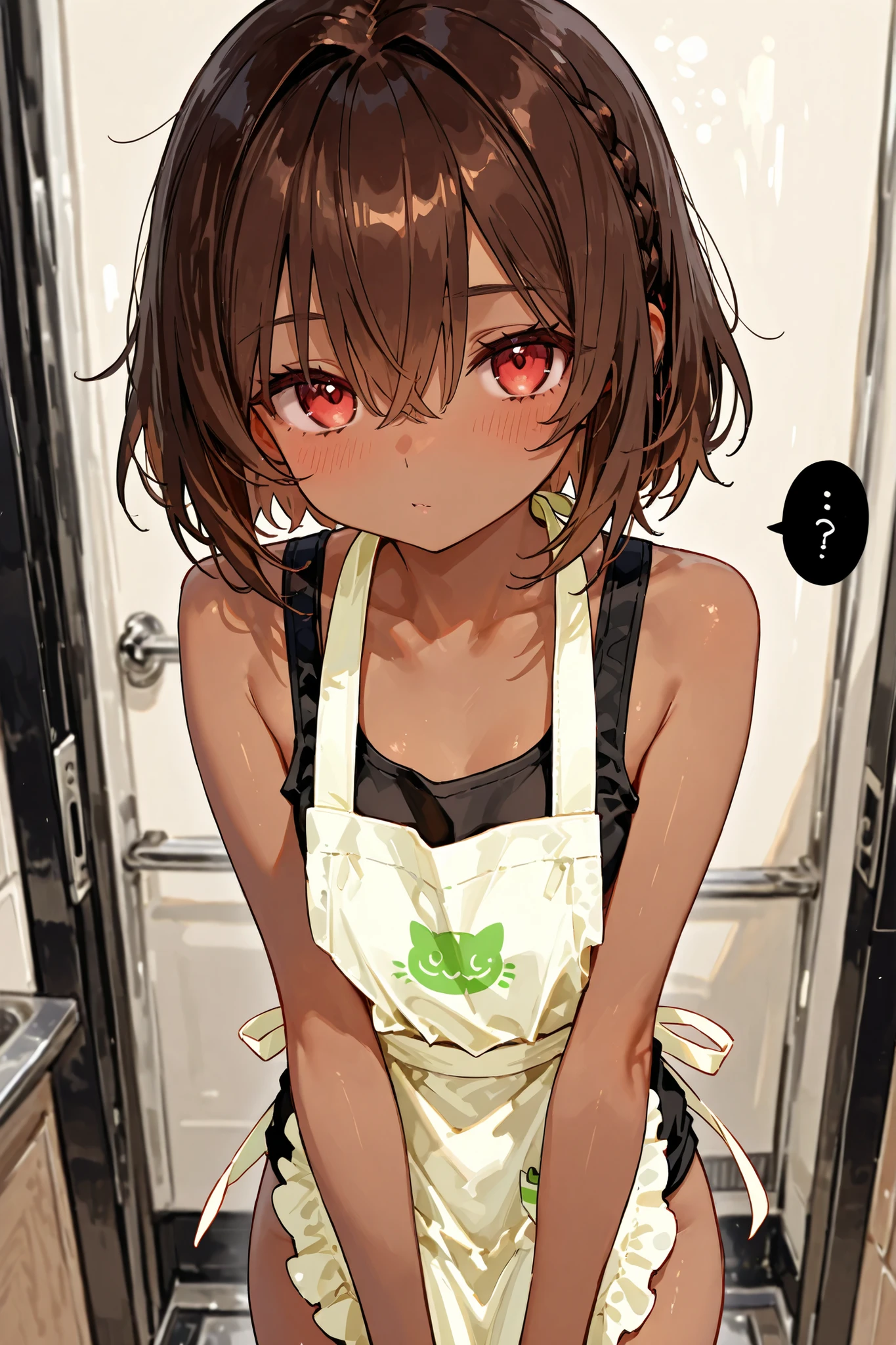 Brown skin。Petite。solo。Maru。black tank top with apron。plait
