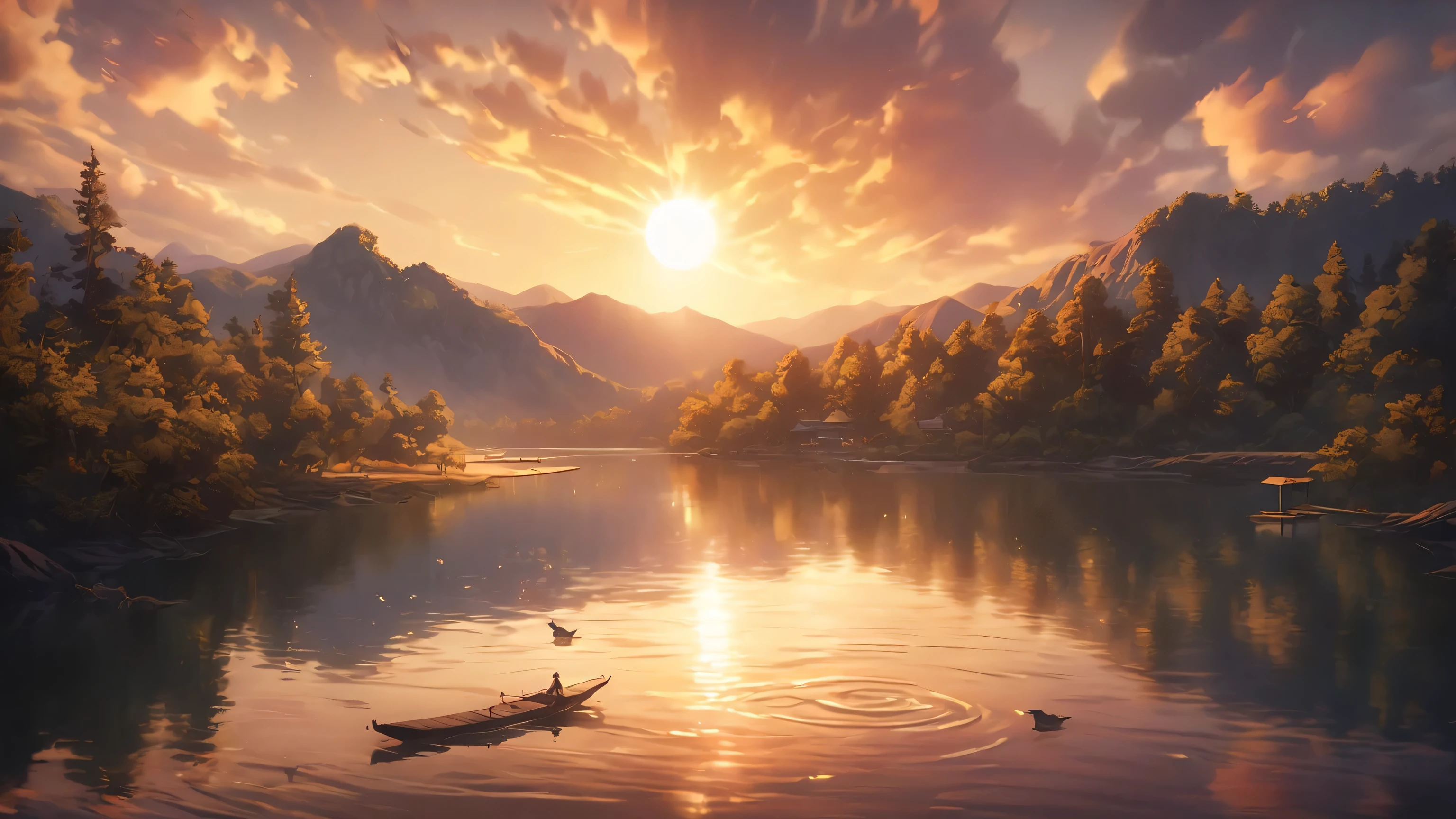anime scene, beautiful anime background, river at sunset, masterpiece, best quality, ultra-detailed, best illustration, absurdres, detailed background, very aesthetic, orange sky, golden hour, sun reflecting on water, calm flowing river, rippling surface, riverside landscape, distant mountains silhouetted, overhanging trees, wooden dock, gentle waves, atmospheric lighting, warm colors, nostalgic mood, golden reflections, soft shadows, birds flying in distance, realistic water effects, cinematic composition, digital art, professional artwork, 8k resolution, vibrant colors, dramatic lighting