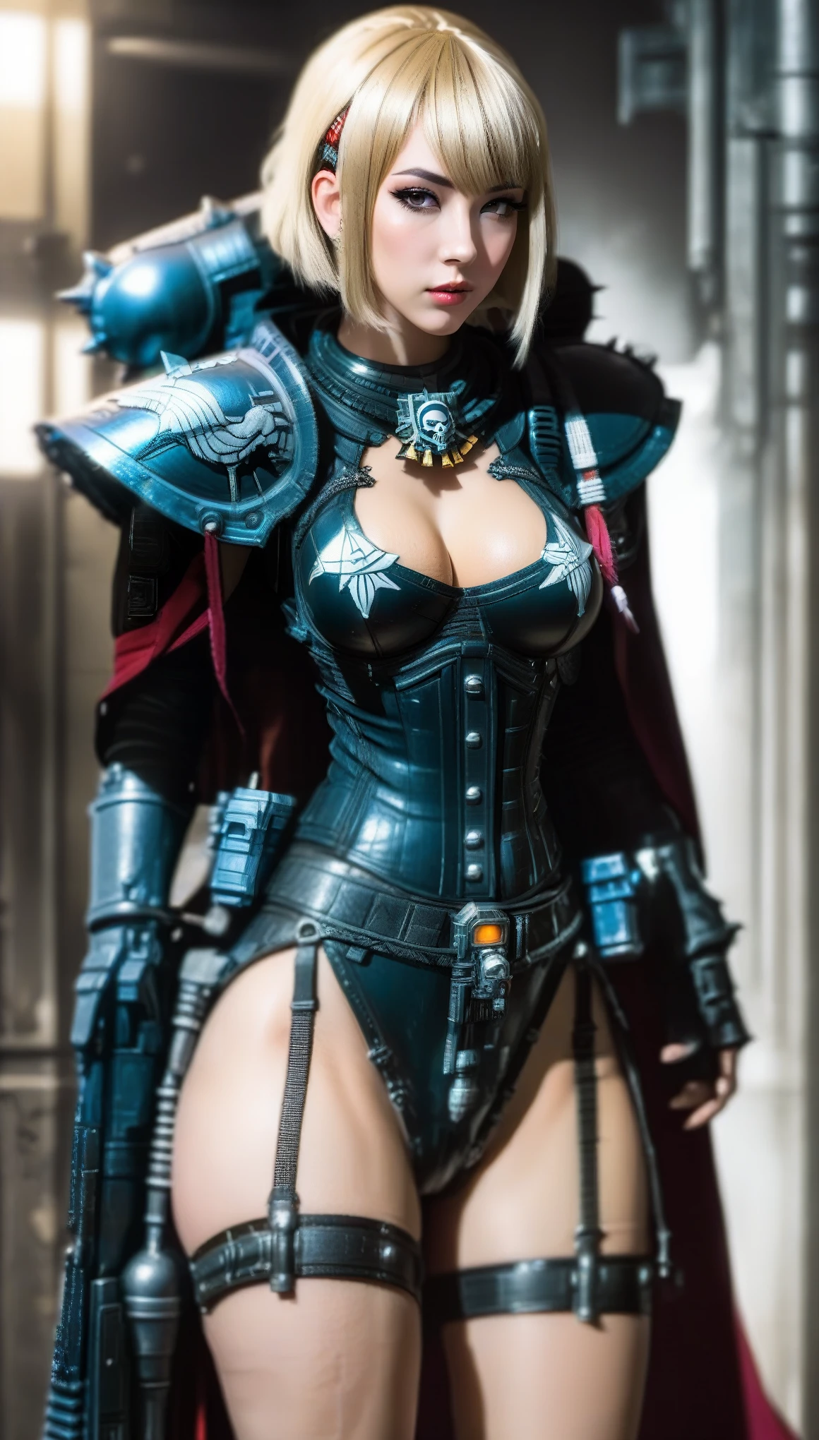 Important (military uniform, bloodborn coat, detective, warhammer 40 000 theme, battle sister, space marine armor, very wide hips, thicc lower body, big breast):
Scene (space ship corridor):
Character Face ( focused, red chicks, glowing pupils, make up, augmentations on right side, tatto on left side):
Character Body (oiled skin, sweat skin, huge tits busting out from metal bra, neon glowing electric rings, neon glowing electric collar, wide hips huge ass, thicc legs, big, ass cheeks, hips trapezoidal, big butt, wide hips, thin waist):
Character Hair (bob, black hair):
Character Clothes (long coat, gun in hand, tight beige leggins, commissioner long coat, zippers belts, garter belt, high heeled tight high boots on the ground, stockings, micro thongs, steel chest armor):
Character Action (walking with butt plug):
View (full body):
Scene light (strong, lighting, emphasizing curves):
Color tones (rich and vibrant colors, warm tones, saturated, contrasted):
Image quality (illustration, photography, 8k, super detail, best quality, 8k, high details, anatomically correct, masterpiece, highres, best quality, award winning, high quality, high details, super detail, erotic art, pin-up, glamour, fine art photography):