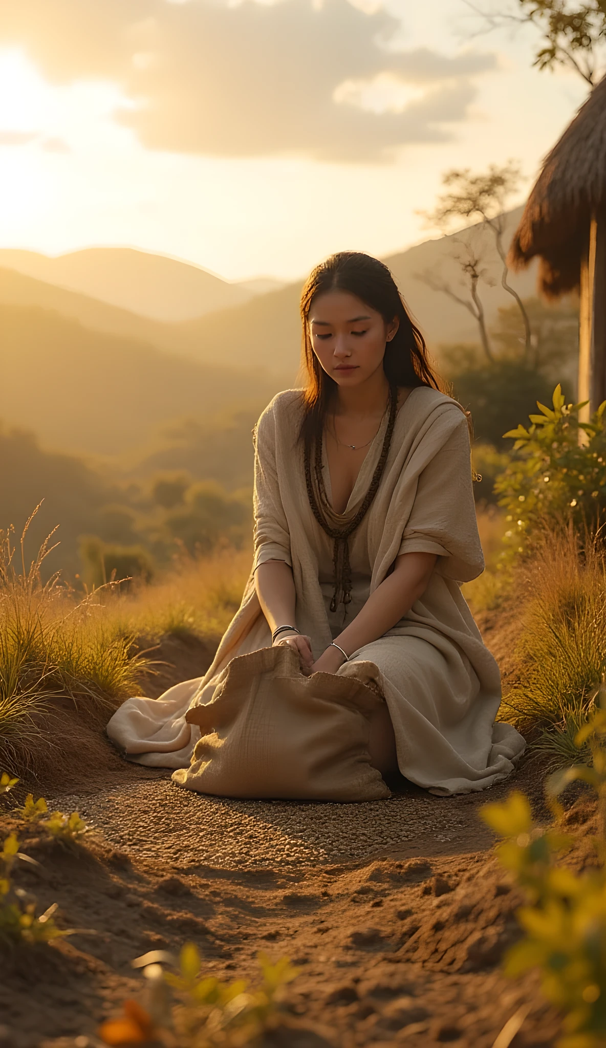 Ancient prehistoric age era, 
Stone age agriculture era, 

((Realistic cinematography ultra wide depth intense realistically ultra-detailed tile soil angle of scenery)),,the detailed of an Eurasian female farming spreading sack of seeds on a fertile soil,near her hut house on the background,,, (the cradle of agriculture),(farmers community),((farmers tribe)),wearing fully coverage long fur primitively fabric long tunic and long coat primitive wardrobe kimono dress,,,(perfectly depth symmetrically curvy, and busty body shapely),(cinematic dynamically camera widely angle scenery:accurately depicted:1.3),the lively prehistoric savana depicting scenery,afternoon,realistically full depth,(cinematography dynamic angle|hyperrealistic:realistic scenery:3d texture over the scenery),autumn season,best videography angle,hdr,golden hour, (cinematography vibe),primitive wardrobe,(dynamic image composition),(octane 3d rendering|50mm lens shot:1.3),(lifelike skin texture:lifelike hairs:realism),(best rule of third photography composition),(best image aperture),(full details depth of field),(best shutter speed),(RAW photo image),(photorealistic|photorealism:hyperrealism style),(realistic depth 3d:cgi:1.3),(trending on cgsociety:devianart:unreal engine 5),,(best photography:national Geographic style), solarPunkAi and greenPunkAi artwork, digital art,best lighting concept,(realistic intricately fixed truly fully human's anatomy body+hands+and+fingers anatomical),natural motion,inspired by farcry5 game artwork.