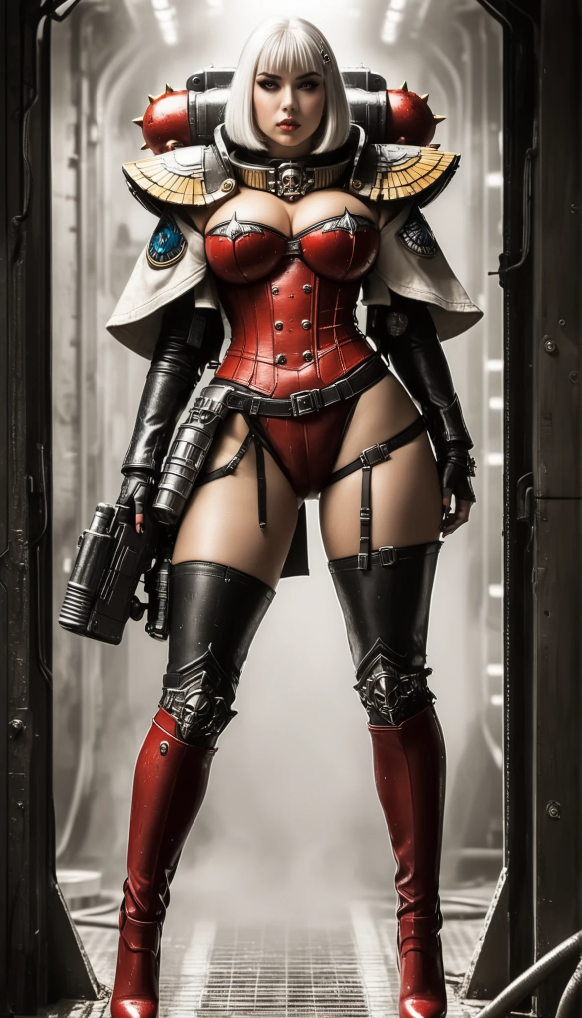 Important (military uniform, bloodborn coat, detective, warhammer 40 000 theme, battle sister, space marine armor, very wide hips, thicc lower body, big breast):
Scene (space ship corridor):
Character Face ( focused, red chicks, glowing pupils, make up, augmentations on right side, tatto on left side):
Character Body (oiled skin, sweat skin, huge tits busting out from metal bra, neon glowing electric rings, neon glowing electric collar, wide hips huge ass, thicc legs, big, ass cheeks, hips trapezoidal, big butt, wide hips, thin waist):
Character Hair (bob, white hair):
Character Clothes (long coat, big bolter gun in hand, tight beige leggins, commissioner long coat, zippers belts, garter belt, high heeled tight high boots on the ground, stockings, micro thongs, steel chest armor):
Character Action (walking with butt plug in ass):
View (full body):
Scene light (strong, lighting, emphasizing curves):
Color tones (rich and vibrant colors, warm tones, saturated, contrasted):
Image quality (illustration, photography, 8k, super detail, best quality, 8k, high details, anatomically correct, masterpiece, highres, best quality, award winning, high quality, high details, super detail, erotic art, pin-up, glamour, fine art photography):