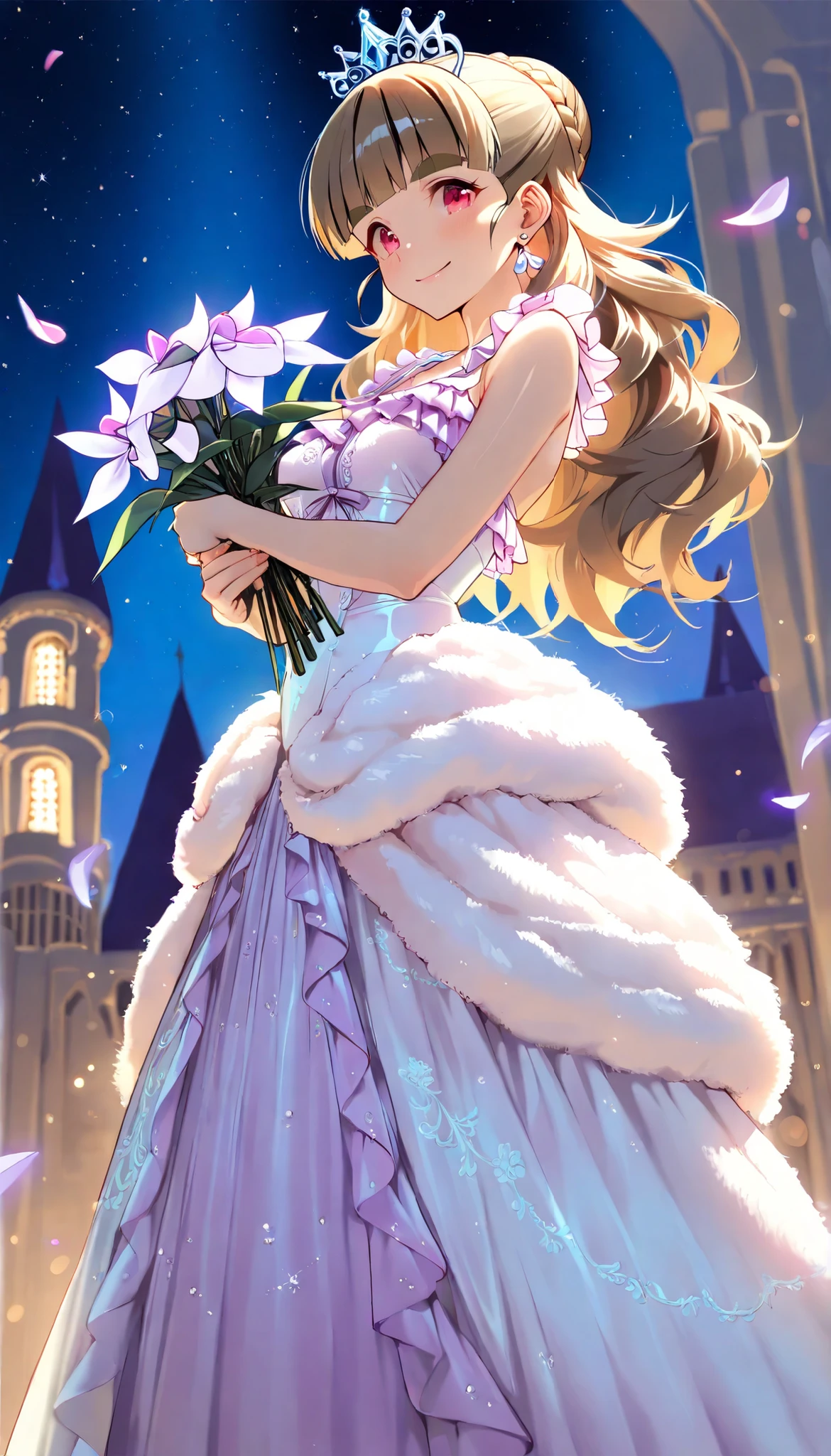 (Best Quality, super detailed, masterpiece, 8k, 16k, Wallpaper, Anatomically correct, fine detailed skin, fine detailed eyes, fine detailed hands, Accurate hands), beautiful night plain, starry sky, hight brightness, hight contrast, dazzlin light, 1 girl Standing against the backdrop of a (beautiful cinderella castle), (kamiya nao), medium chests, french braid hair, pink lips, happy smile, solo, looking at viewer, Holding a bouquet of purple flowers, fantasy art, (light orchid colored princess dress:1.5), (beautiful fluffy long dress with intricate and detailed embroidery:1.4), (lots of frills and lace clothes:1.5), shiny glossy gradient iridescent clothes, princess tiara, earrings, hair ornaments, (beautiful long eyelashes), flower petals, Colorful light particles, detailed background, Depth of Field, bokeh, moya, lens flare, film reflections, a fantastic atmosphere, neon_silhouette