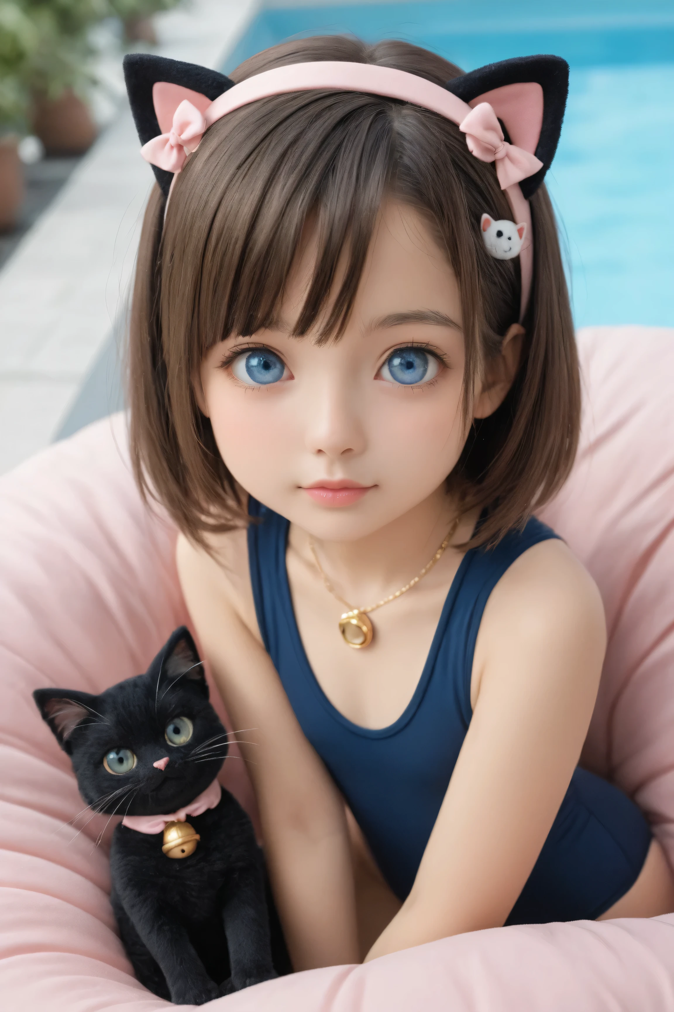 European girl with white skin, 7 anos de idade, child, contemporary manga art, doll-like face, big round blue eyes, small and delicate nose, soft pink lips, long dark brown hair with short bangs and Maria-Chiquinhas, tied with white furry hair clip, wicks covering the ear, mecha rosa, headband with black cat ears, Navy blue swimsuit , sukumizu, Japanese swimsuit, ombros expostos, black necklace with gold bell, black cat paw gloves with pink cushions and bows, rabo de gato preto, playful and cute style, leaving the pool --v 5 --with 2:3 --style cute --quality 2
