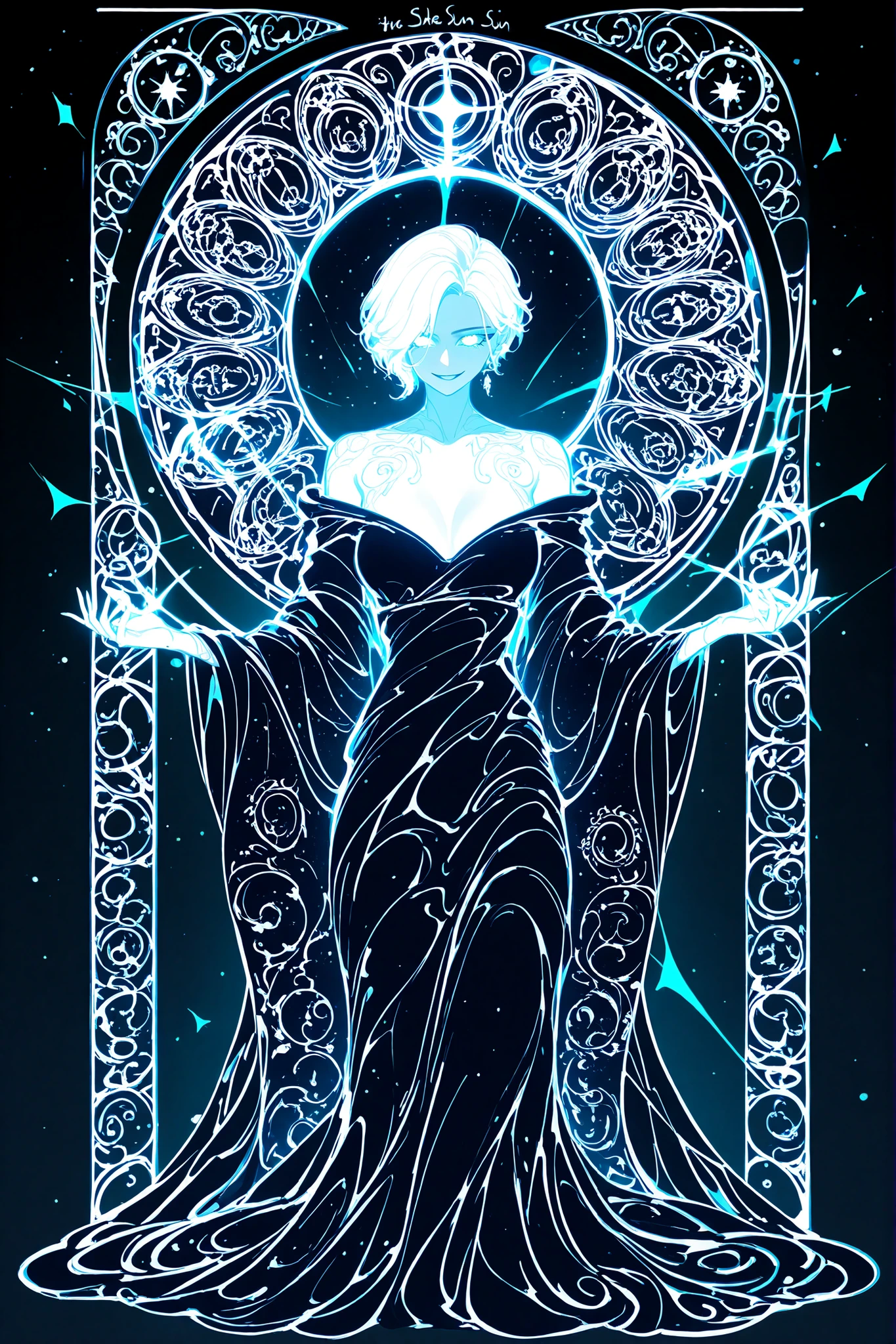 (glowing,xxx667_illu,ArsMJStyle, art nouveau,) The woman is a living star. She has a tall athletic figure. She has white glowing skin. She has white glowing short hair that forms halo rays around her head. She has green glowing eyes. She is wearing a black Greek toga decorated with gold star embroidery. She holds a star in her hand. She has a cold smile on her face. (In the background: the starry sky of the zodiac signs in the Art Nouveau style. The sun and moon are on opposite sides of the sky.)