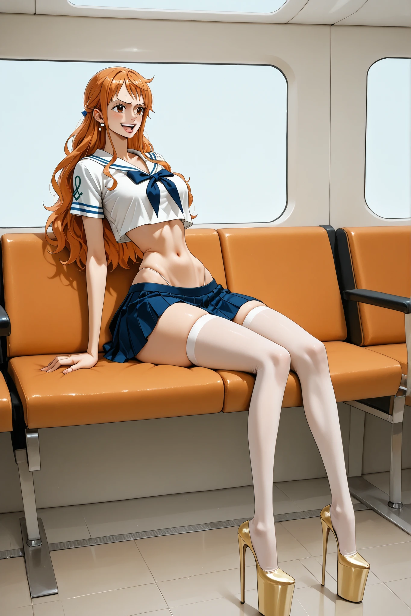 Assolo: Nami from One Piece with a beautiful happy expression, Full-length seat, long hair and orange movements in the wind, skinny hips and legs, completely naked and wearing only a micro school uniform that includes a tiny pleated skirt, a skimpy white cropped top, a white thong and stockings, ombelico scoperto, and wears very high heels with an extremely high platform and an extremely high and very thin heel, dettagli intricati 