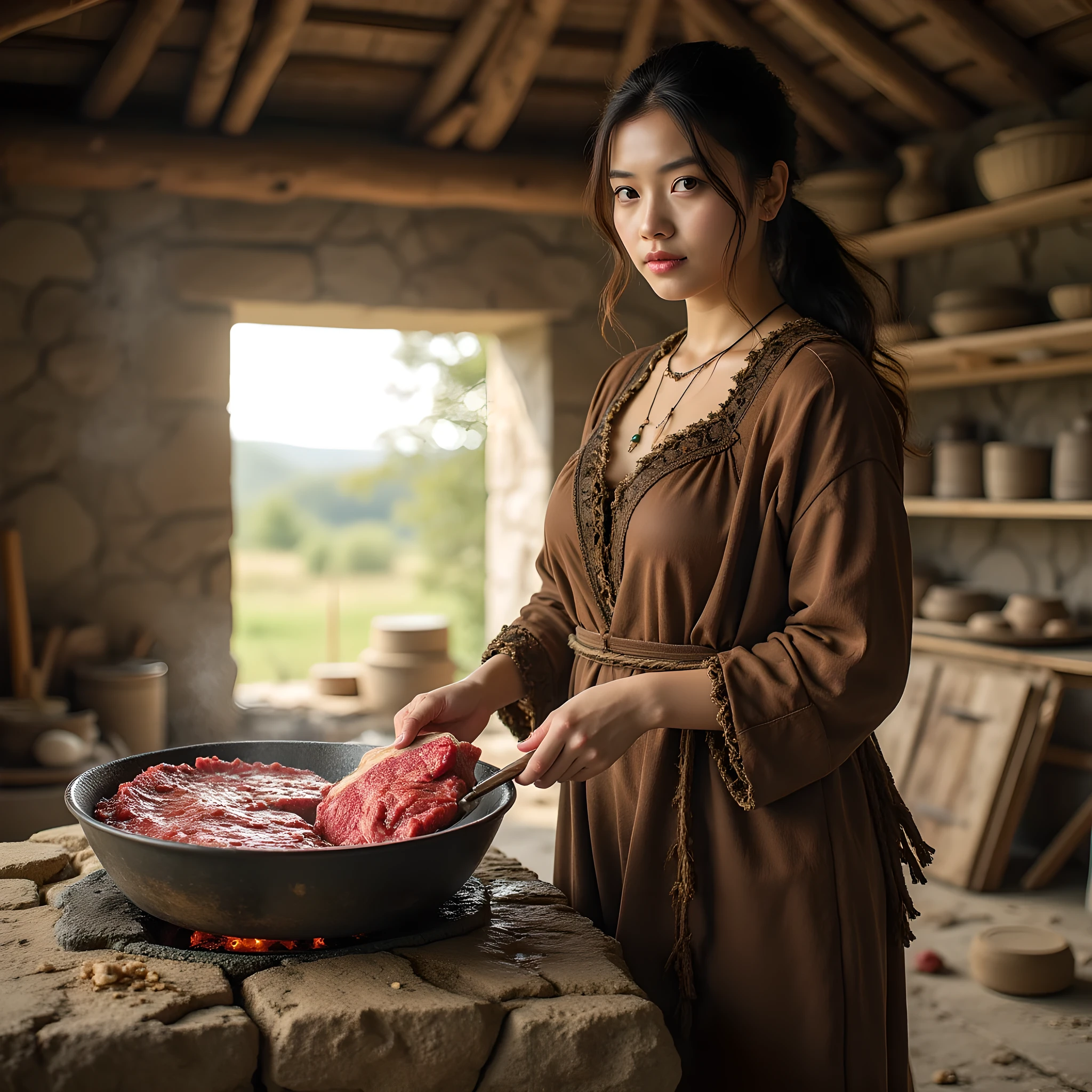 Ancient prehistoric age era, 
Stone civilization age era, 

((Realistic cinematography ultra wide depth intense realistically ultra-detailed inside hut primitive kitchen angle of scenery)),,the detailed of an Eurasian female peasant,cooking realistic big beef on stone stove,on the forefront scenery,primitive culinary, (the cradle of culinary),(),((farmers tribe)),wearing fully coverage long leather primitively fabric long tunic and long coat primitive wardrobe kimono dress,,,(perfectly depth symmetrically curvy body shapely),(cinematic dynamically camera widely angle scenery:accurately depicted:1.3),the lively prehistoric inside hut depicting scenery,afternoon,realistically full depth,(cinematography dynamic angle|hyperrealistic:realistic scenery:3d texture over the scenery),autumn season,best videography angle,hdr,golden hour, (cinematography vibe),primitive wardrobe,(dynamic image composition),(octane 3d rendering|50mm lens shot:1.3),(lifelike skin texture:lifelike hairs:realism),(best rule of third photography composition),(best image aperture),(full details depth of field),(best shutter speed),(RAW photo image),(photorealistic|photorealism:hyperrealism style),(realistic depth 3d:cgi:1.3),(trending on cgsociety:devianart:unreal engine 5),,(best photography:national Geographic style), solarPunkAi and greenPunkAi artwork, digital art,best lighting concept,(realistic intricately fixed truly fully human's anatomy body+hands+and+fingers anatomical),natural motion,inspired by farcry5 game artwork.