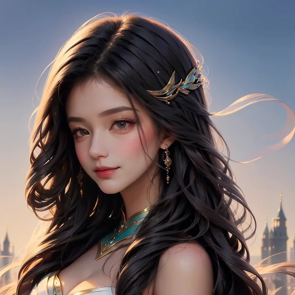 Best quality, masterpiece, high resolution, 1girl, clear silk porcelain dress, beautiful face, hair accessories, looking at the audience, smiling, close your mouth, lips, dress, hair accessories, necklaces, jewelry, long hair, earrings, beautiful face, on the body, Tindal effect, realism, dark studio, edge lighting, two-tone lighting, (high detail skin: 1.2), 8k UHD, DSLR, soft light, high quality, volumetric lighting, photo, high resolution 4K, 8k, blurred background --auto --s2