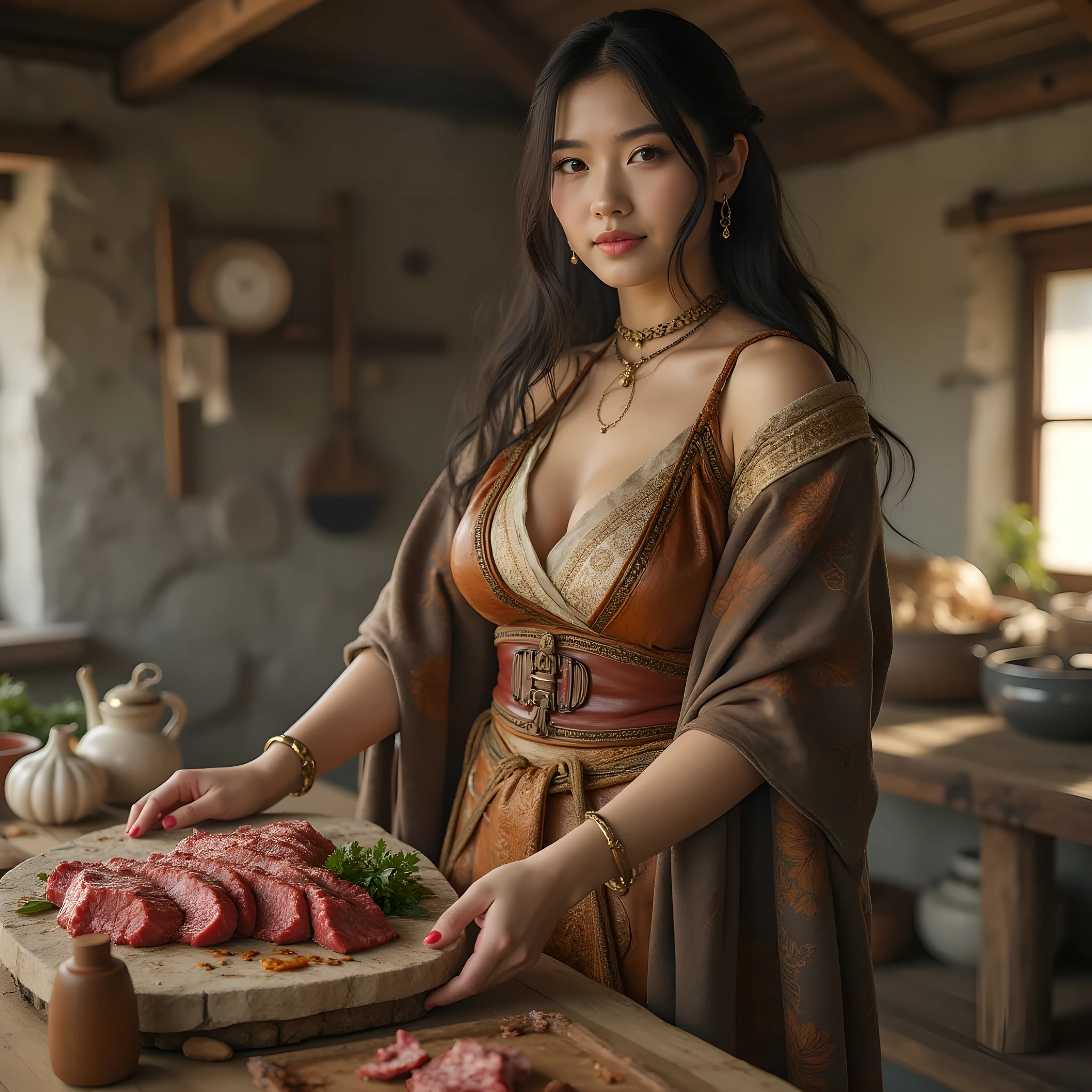 Ancient prehistoric age era, 
Stone civilization age era, 

((Realistic cinematography ultra wide depth intense realistically ultra-detailed inside hut primitive kitchen angle of scenery)),,the detailed of an Eurasian female peasant,cooking realistic big beef on stone stove,,primitive culinary, (the cradle of culinary),(),((farmers tribe)),wearing fully coverage long leather primitively fabric long tunic and long coat primitive wardrobe kimono dress,,,(perfectly depth symmetrically curvy body shapely),(cinematic dynamically camera widely angle scenery:accurately depicted:1.3),the lively prehistoric inside hut depicting scenery,afternoon,realistically full depth,(cinematography dynamic angle|hyperrealistic:realistic scenery:3d texture over the scenery),autumn season,best videography angle,hdr,golden hour, (cinematography vibe),primitive wardrobe,(dynamic image composition),(octane 3d rendering|50mm lens shot:1.3),(lifelike skin texture:lifelike hairs:realism),(best rule of third photography composition),(best image aperture),(full details depth of field),(best shutter speed),(RAW photo image),(photorealistic|photorealism:hyperrealism style),(realistic depth 3d:cgi:1.3),(trending on cgsociety:devianart:unreal engine 5),,(best photography:national Geographic style), solarPunkAi and greenPunkAi artwork, digital art,best lighting concept,(realistic intricately fixed truly fully human's anatomy body+hands+and+fingers anatomical),natural motion,inspired by farcry5 game artwork.