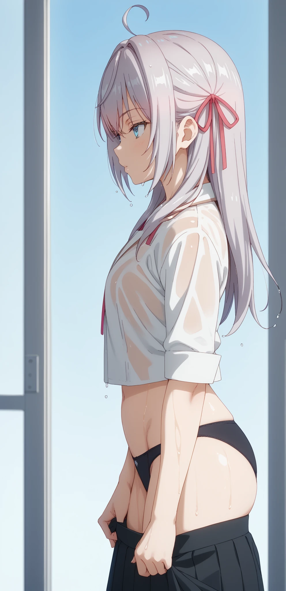 undressing down very short black skirt, wearing shirt, black panties, score_9, score_8_up, score_7_up, source_anime BREAK 1girl, alya_def, solo, hair ribbon, pink ribbon, wet, side view