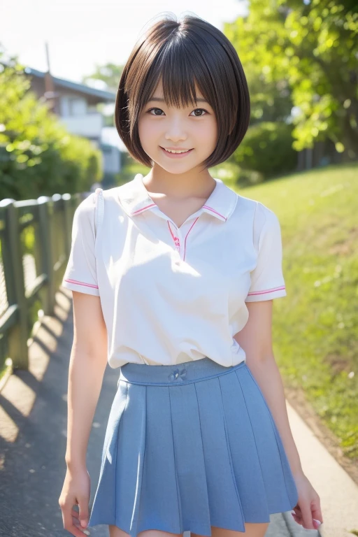 8K,masterpiece,Japanese,12-year-old girl,from the front,smile,Innocent face,Calm Eyes,Childish,No sleeve,Short skirt,semi-long,Black Hair,bright,????????????,tongue,Vero,grass,,Close-up of face,Loose ?????,Wide open ?????