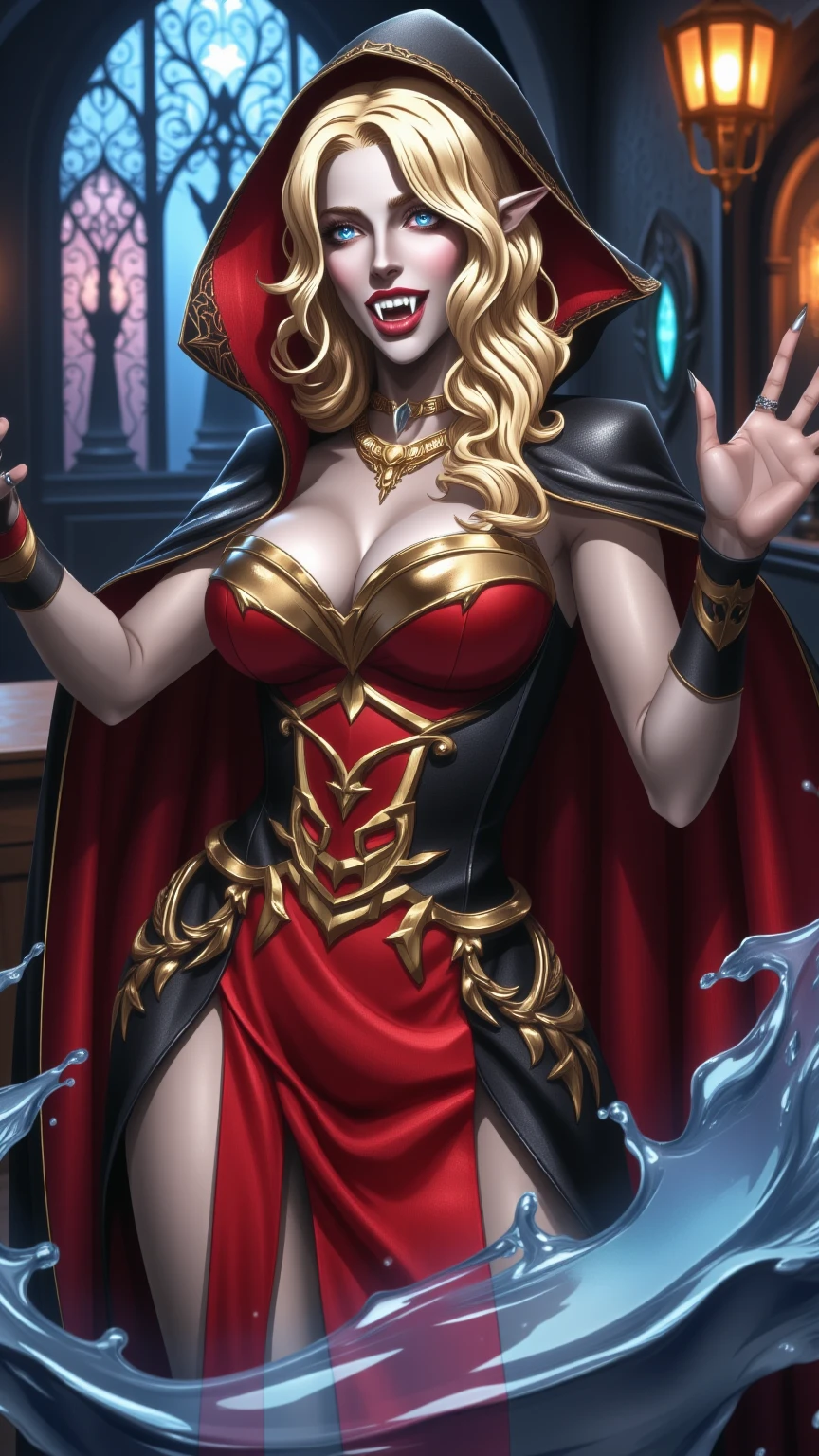 carmilla, ??????????????, black dress. by white, beautiful face, blue eyes, (masterpiece1.2), Best Quality, absurdities, High resolution, extremely detailed wallpaper, perfect lighting, from below, blue eyes, castillo, view of the castle, outdoors, de evening, evening, at night, ((silver mask))