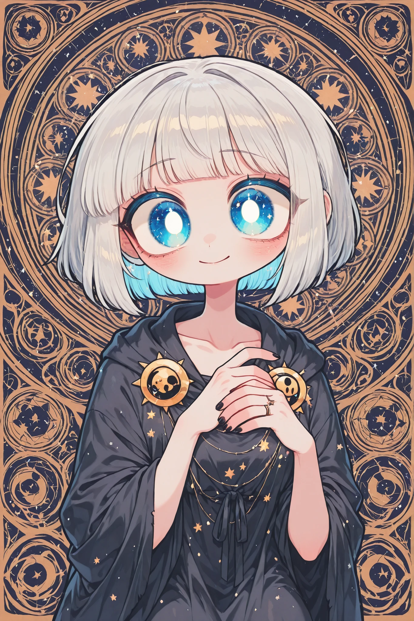 (edanoma_meu_illu,)The woman is a living star. She has a tall athletic figure. She has white glowing skin. She has white glowing short hair that forms halo rays around her head. She has green glowing eyes. She is wearing a black Greek toga decorated with gold star embroidery. She holds a star in her hand. She has a cold smile on her face. (In the background: the starry sky of the zodiac constellations in the Art Nouveau style. The sun and moon are on opposite sides of the sky.)