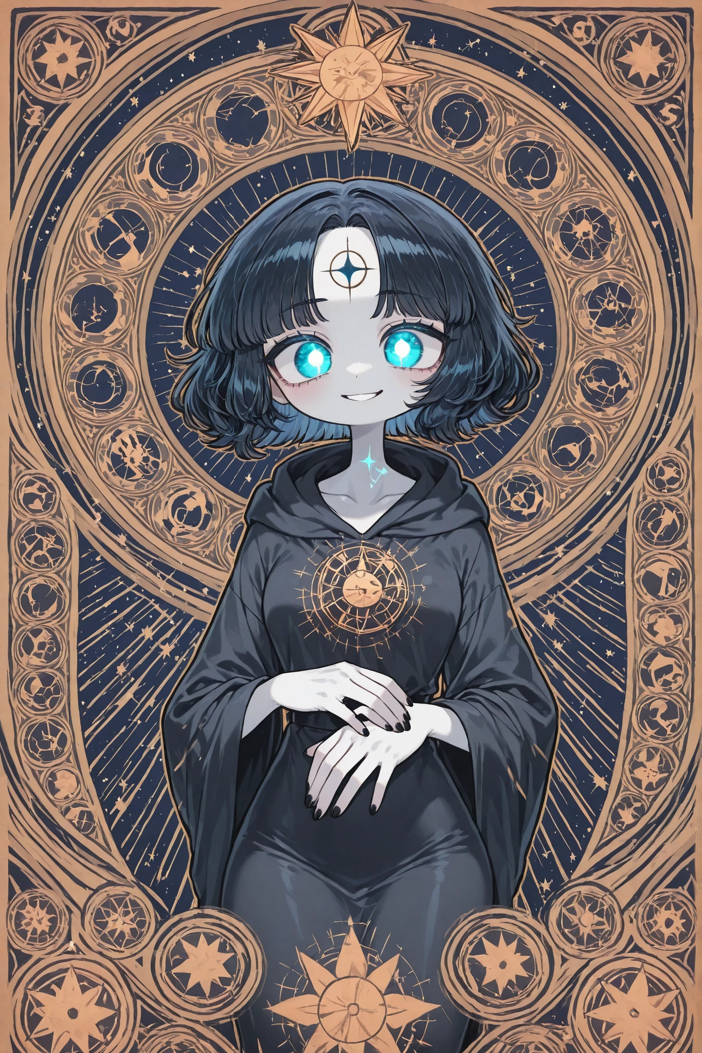 (edanoma_meu_illu,)The woman is a living star. She has a tall athletic figure. She has white glowing skin. She has white glowing short hair that forms halo rays around her head. She has green glowing eyes. She is wearing a black Greek toga decorated with gold star embroidery. She holds a star in her hand. She has a cold smile on her face. (In the background: the starry sky of the zodiac constellations in the Art Nouveau style. The sun and moon are on opposite sides of the sky.)