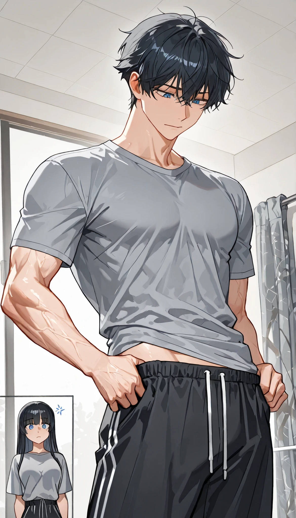 A man with black hair and long up to his neck, with long fringe that covers her eyes. He has fair skin and his blue eyes don't appear under the long fringe of his hair, completely covered by the hair, his head lowered, olhando para baixo. He is standing sideways, looking at his own pants with a distant expression. He is thin but with thin and well-marked muscles, wearing black sweatpants and a loose silver shirt. He's holding and pulling the waistband of his pants away from his hips, as she looks down,  inside the pants.