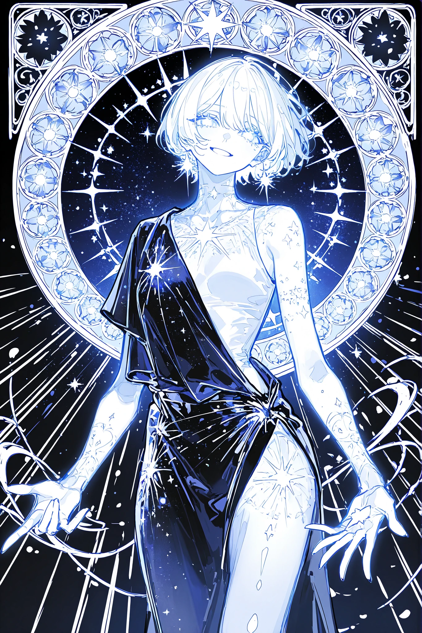 (ma1ma1helmes_b_illu,sketch,) The woman is a living star. She has a tall athletic figure. She has white glowing skin. She has white glowing short hair that forms halo rays around her head. She has green glowing eyes. She is wearing a black Greek toga decorated with gold star embroidery. She holds a star in her hand. She has a cold smile on her face. (In the background: the starry sky of the zodiac signs in the Art Nouveau style. The sun and moon are on opposite sides of the sky.)