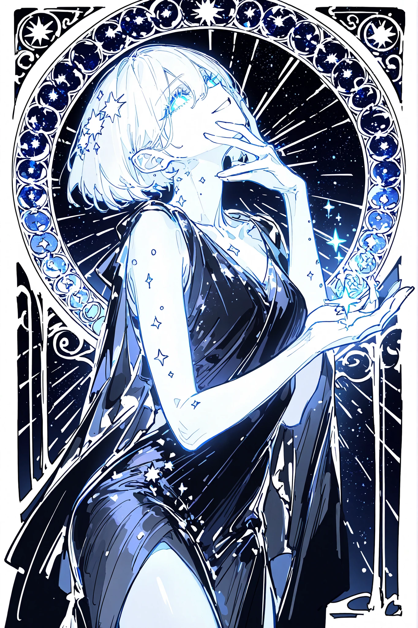 (ma1ma1helmes_b_illu,sketch,) The woman is a living star. She has a tall athletic figure. She has white glowing skin. She has white glowing short hair that forms halo rays around her head. She has green glowing eyes. She is wearing a black Greek toga decorated with gold star embroidery. She holds a star in her hand. She has a cold smile on her face. (In the background: the starry sky of the zodiac signs in the Art Nouveau style. The sun and moon are on opposite sides of the sky.)