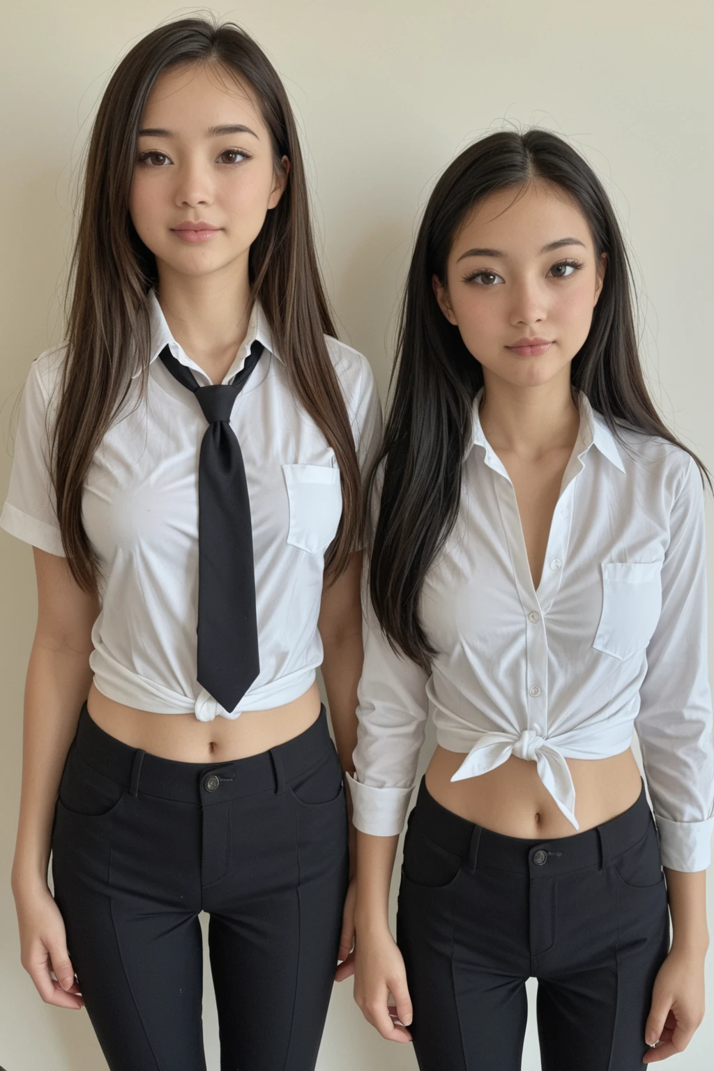 two girls standing in the park,Plain white school gym shirt with navy blue trim,Navy  skirt、Navy blue speed briefs,Red headband,White headband,14 years old,bangs,A small smile,Thighs,knees,bangsのあるショートヘア、Straight Bob Hair,From below,Front light, White  visible through the skirt、Lift the hem of the skirt with both hands to reveal the 、(((Dark sunburn、Tanned brown skin、Black skin color)))、(Dark brown skin:1.)