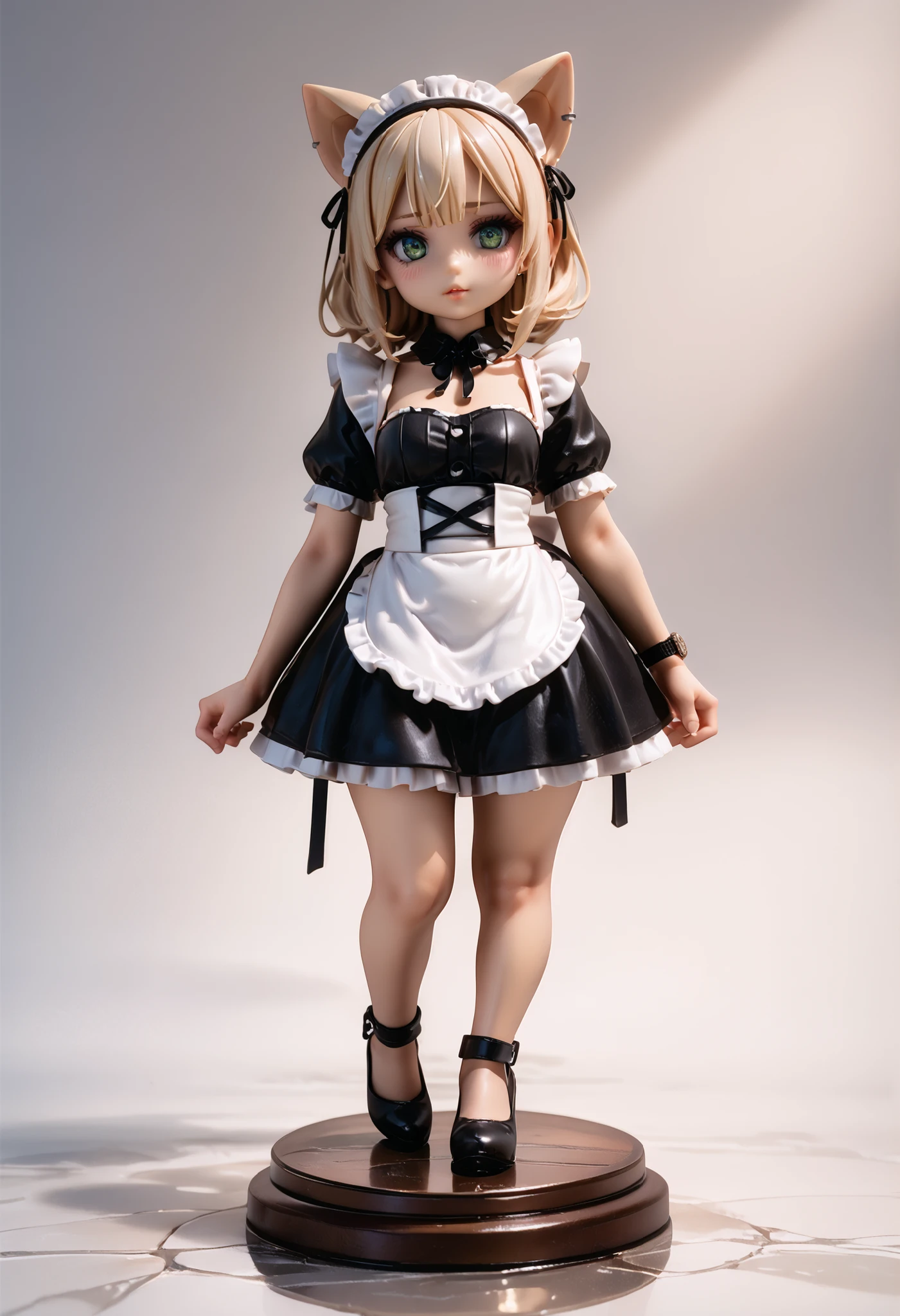  masterpiece, 最high quality, high quality, very beautiful, figure，Figure girl，detailed body，anatomically accurate body as a human，(((Full Body:3.5，from the front)))，Newest, Detailed Scenery, rich lighting, written depth,Cybermaid  、Machine Girl、solo ,(( Cyborg Girl )) , maid clothes、露出の多いmaid clothes，maid headband、Cyber Knee High Socks、twin tails above thighs, Blonde、cute eyes，long lashes，Detailed Eyes，beautiful eyes，green eyes、Blush，   plump thick lips，Rouge，big boobs、Chest Valley，thin waist，long legs，short stack,blush、Mechanical Prosthetics、My thigh is a flesh-colored artificial muscle、Dog oyster 、(watch viewers)、figure pedestal with the front reflected in the mirrorに立っている，figure pedestal with the front reflected in the mirror，