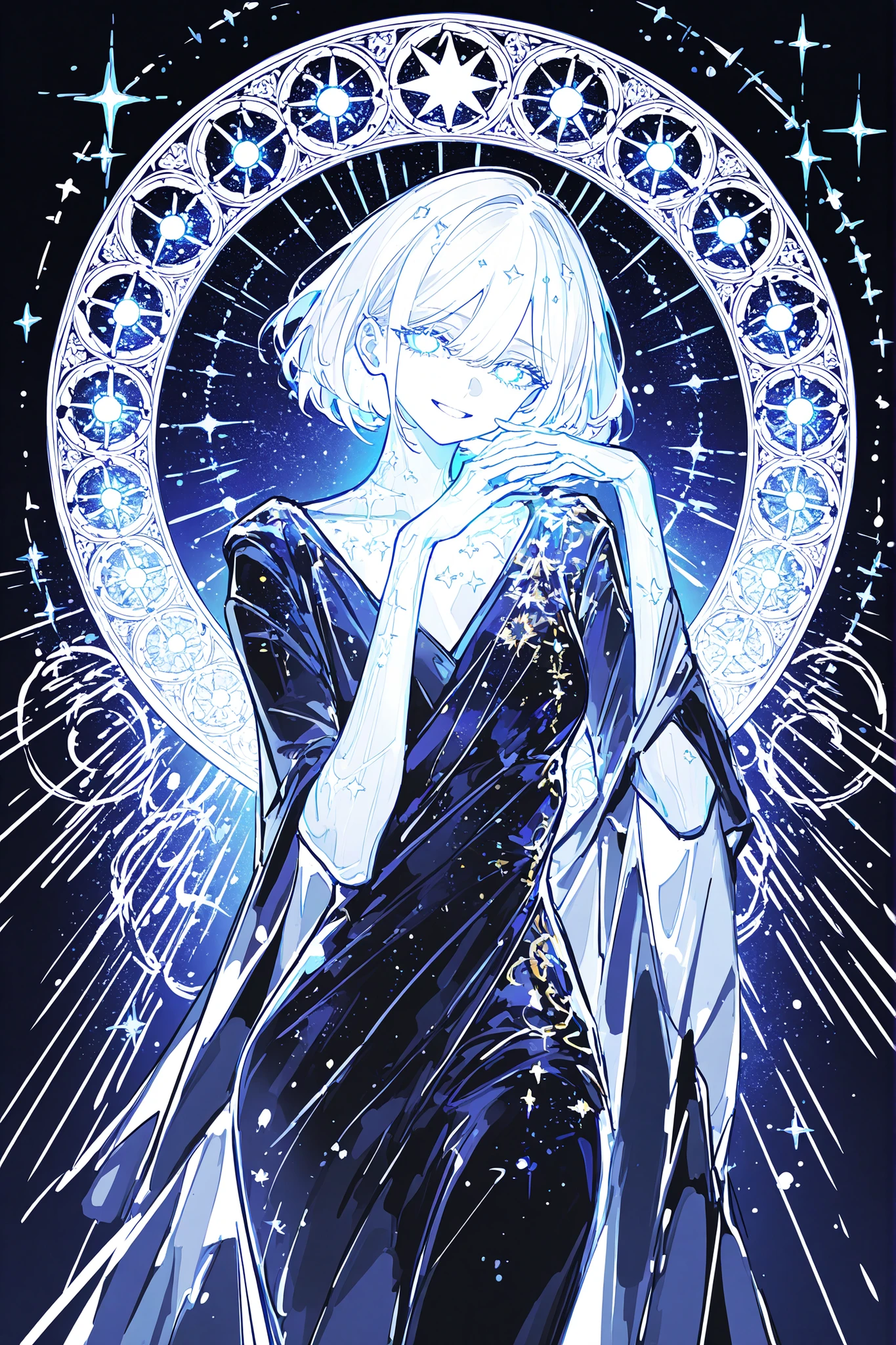 (ma1ma1helmes_b_illu,sketch,) The woman is a living star. She has a tall athletic figure. She has white glowing skin. She has white glowing short hair that forms halo rays around her head. She has green glowing eyes. She is wearing a black Greek toga decorated with gold star embroidery. She holds a star in her hand. She has a cold smile on her face. (In the background: the starry sky of the zodiac signs in the Art Nouveau style. The sun and moon are on opposite sides of the sky.)