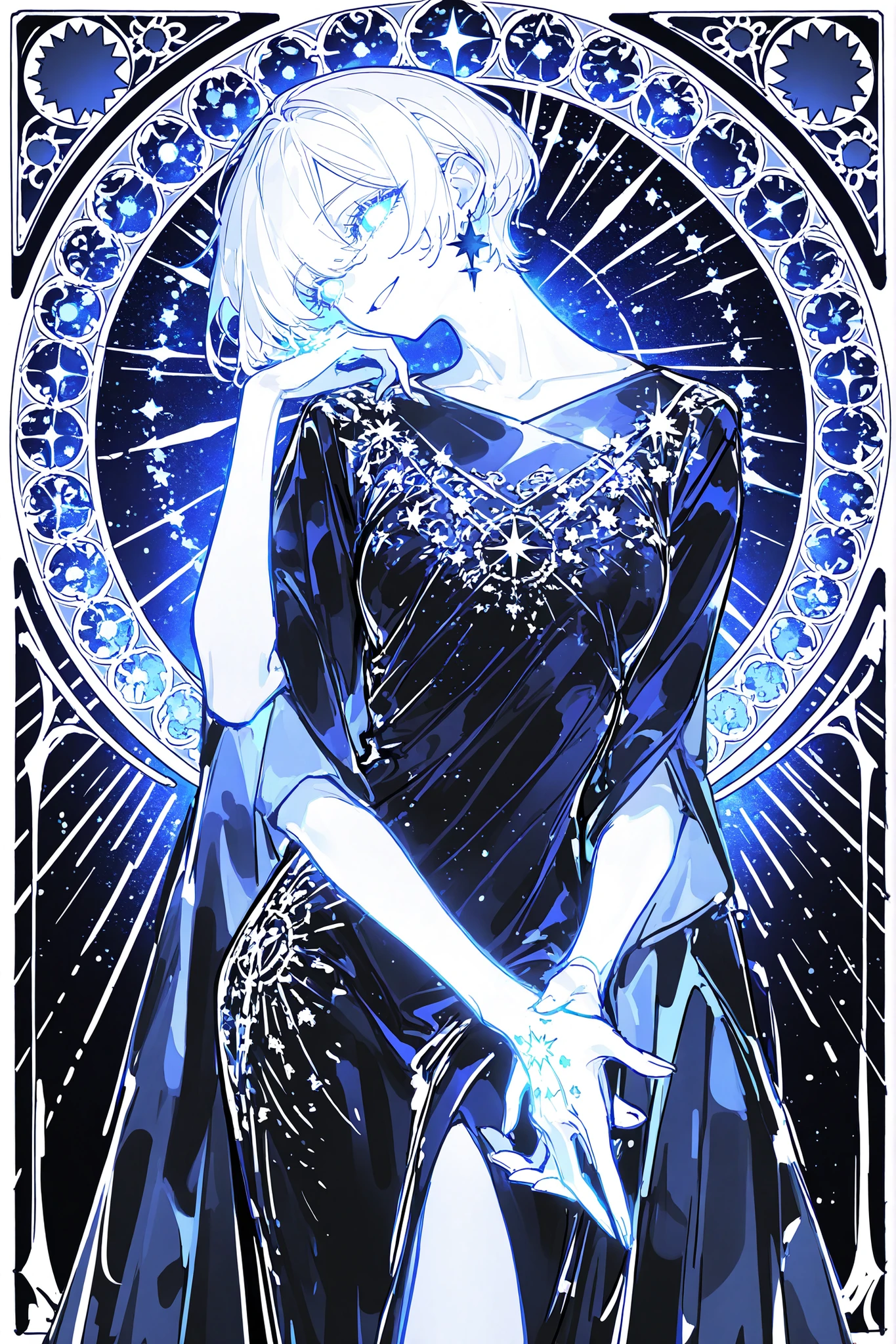 (ma1ma1helmes_b_illu,sketch,) The woman is a living star. She has a tall athletic figure. She has white glowing skin. She has white glowing short hair that forms halo rays around her head. She has green glowing eyes. She is wearing a black Greek toga decorated with gold star embroidery. She holds a star in her hand. She has a cold smile on her face. (In the background: the starry sky of the zodiac signs in the Art Nouveau style. The sun and moon are on opposite sides of the sky.)