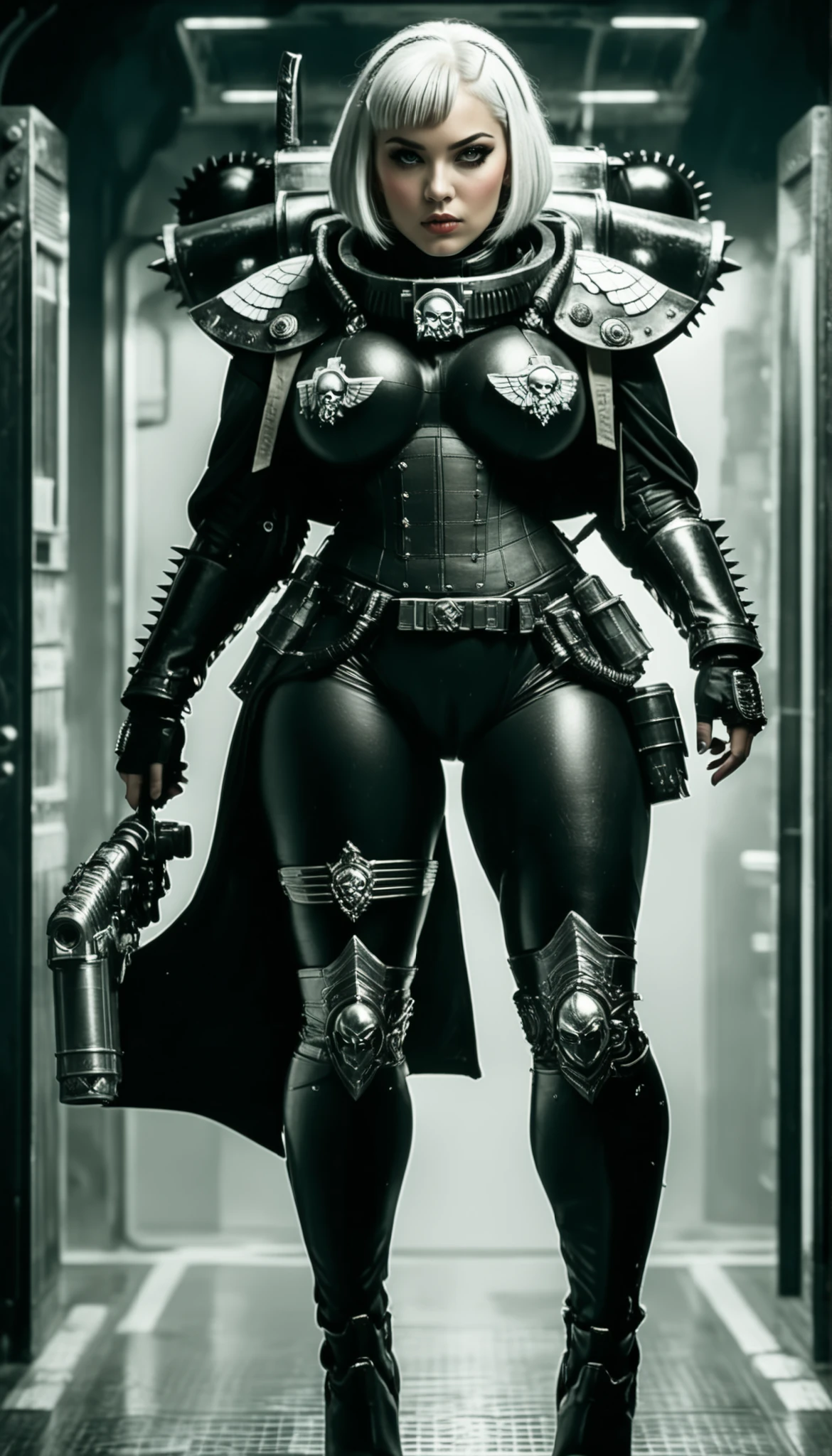 Important (military uniform, bloodborn coat, detective, warhammer 40 000 theme, battle sister, space marine armor, very wide hips, thicc lower body, big breast):
Scene (space ship corridor):
Character Face ( focused, red chicks, glowing pupils, make up, augmentations on right side, tatto on left side):
Character Body (oiled skin, sweat skin, huge tits busting out from metal bra, neon glowing electric rings, neon glowing electric collar, wide hips huge ass, thicc legs, big, ass cheeks, hips trapezoidal, big butt, wide hips, thin waist):
Character Hair (bob, white hair):
Character Clothes ( black long coat, gun in hand, tight beige leggins, commissioner long coat, zippers belts, garter belt, high heeled tight high boots on the ground, stockings, micro thongs, black steel chest armor):
Character Action (walking with butt plug):
View (full body):
Scene light (strong, lighting, emphasizing curves):
Color tones (rich and vibrant colors, warm tones, saturated, contrasted):
Image quality (illustration, photography, 8k, super detail, best quality, 8k, high details, anatomically correct, masterpiece, highres, best quality, award winning, high quality, high details, super detail, erotic art, pin-up, glamour, fine art photography):