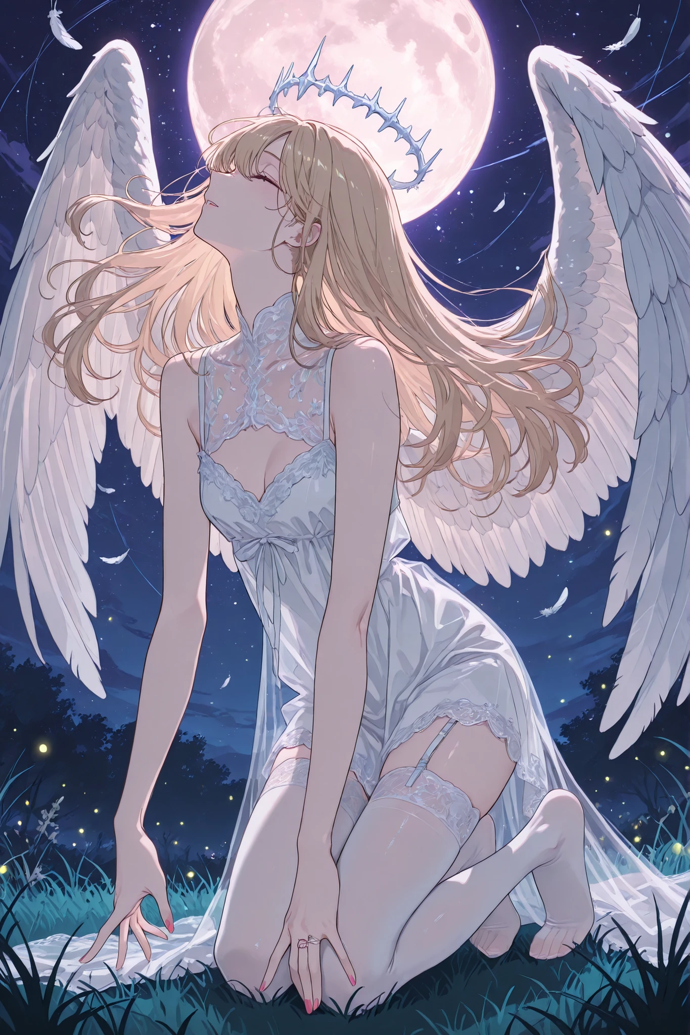 (masterpiece, best quality, ultra-detailed, Anime style, illustration, fantasy art) sight below, Outside: half-sideways, one leg put forward (Knee-bent), 1 blonde , angel wings , hair develops in the wind, closed eyes, long lashes, Glass retina, light golden hair with soft pink tips, The ends of her hair are colored soft pink, hair develops in the wind , pale skin, Glass retina, slim body, white leather, lies on the grass in the park, Night, full moon, bare feet, a crown of glowing white stones, nimbus, hanging above her head, , fragile figure, eyes closed, eyes open lips, pink nail polish , toes, shine, best quality, she wears only lightweight silk, almost transparent fabric (plain almost transparent silk, white lace), white almost transparent stockings (garter stockings), clavicles bare shoulders bare, Glass retina, fireflies and magic lights, , sight below, sight below, without clothes, is shy, profile, focus on the eyes, Retinal details, narrow black oblong pupils, darkness reigns around, white feathers, lots of white feathers, white feathers падают сверху, rays shine from above, Outside