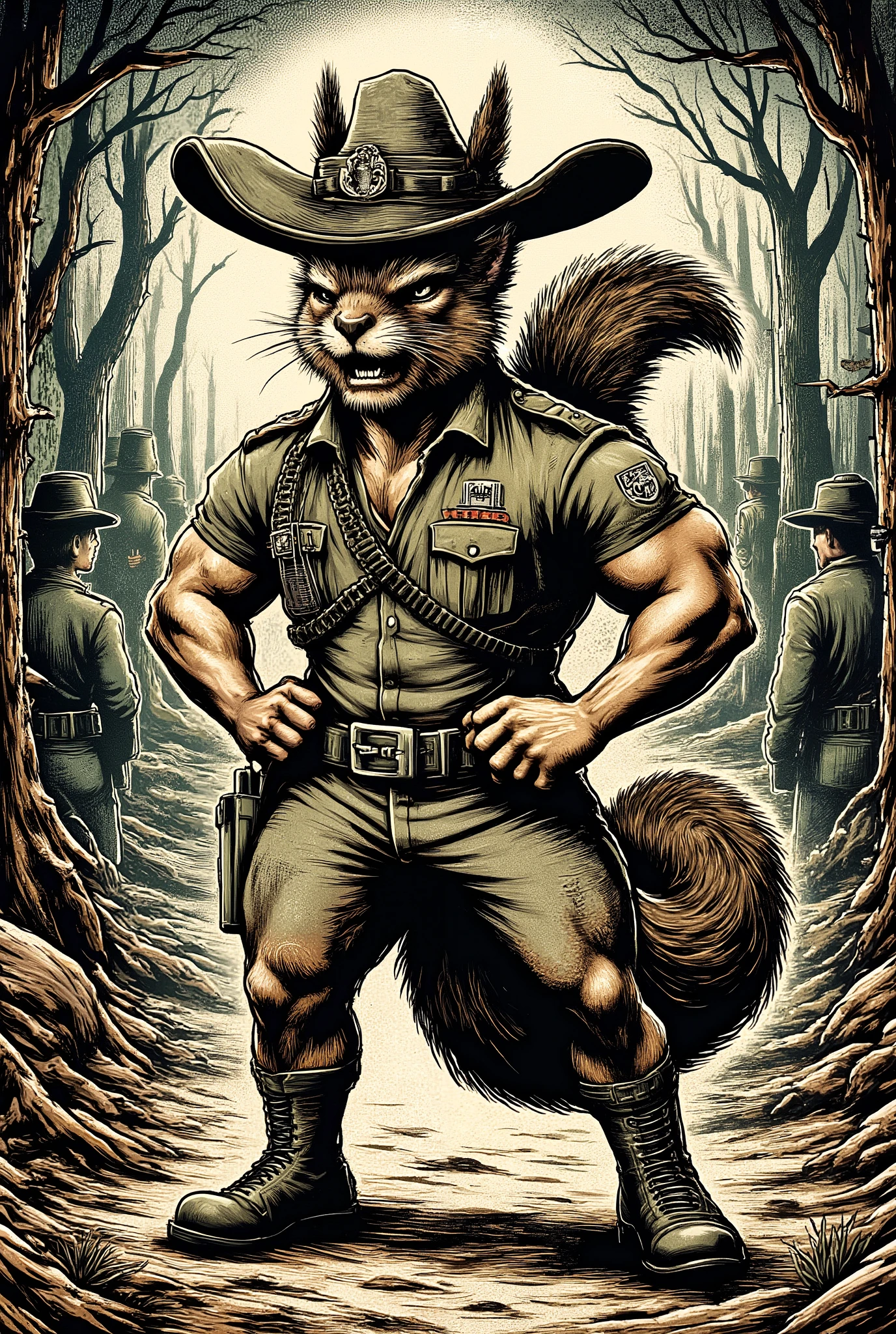Anthropomorphic muscular squirrel drill instructor, exaggerated bodybuilder physique with bulging muscles, wearing army drill sergeant uniform with campaign hat, shouting expression, standing in power pose with hands on hips, Saturday morning cartoon style, vibrant colors, Looney Tunes inspired animation, exaggerated facial features, comically intense expression, military dog tags, combat boots, perfectly pressed uniform with decorations, forest boot camp background, other animal recruits visible in background, dynamic pose, humorous atmosphere, crisp details, bright lighting, cartoon shading, animated style, action hero proportions, bushy tail standing at attention, character design illustration