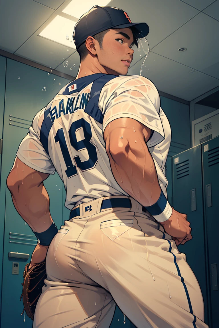 (: 1.5), (handsome Man sitting on table eating bread ),(crew cut short hair:1.8),black eye,(Wear a fitted round neck t-shirt in navy with a police badge.:1.5),(fit neck),Navy blue jeans,(black_gloves:1.2), Korean guy,chest muscles,large arm muscles,blood vessel,Big muscles,Broad shoulders, (open mouth:1.2),(face up:1.2),(open eyes:1.5), middle of the road,smile, In the bread shop, ( :1.5), ( very long: 1.6),  very Big, (Big ), ( of the : 1.6), ((very big, very long )), , hold your hand on your , () , bread in hand