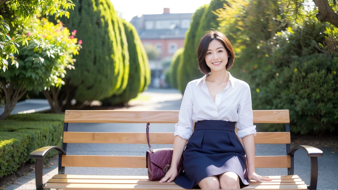 最high quality, In 8K, Masseter region, real, Sharp focus, high quality, High resolution, Detailed face, Fine grain, Thick lips, Background Blur, alone, Full body photography, Middle-aged women, , 65 years old, , Wavy Hair, , Wearing a plain short-sleeved knit, Sitting on a park bench, Wrinkles around the eyes, Smiling with teeth showing