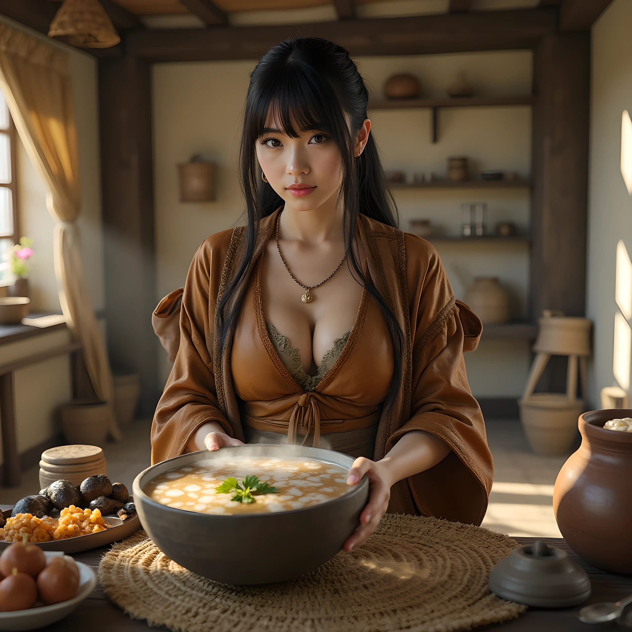 Ancient prehistoric age era,
Stone civilization age era,
((Realistic cinematography ultra wide depth intense realistically ultra-detailed inside hut primitive kitchen angle of scenery)),,the detailed of an Eurasian female peasant,drinking a big wooden bowl of dense milk,on the forefront scenery,primitive milk beverage on the clay pot scenery,breakfast, (the cradle of beverage),(),((farmers tribe)),wearing fully coverage long leather primitively fabric long tunic and long coat primitive wardrobe kimono dress,,,(perfectly depth symmetrically curvy body shapely),(cinematic dynamically camera widely angle scenery:accurately depicted:1.3),the lively prehistoric inside hut depicting scenery,afternoon,realistically full depth,(cinematography dynamic angle|hyperrealistic:realistic scenery:3d texture over the scenery),autumn season,best videography angle,hdr,golden hour, (cinematography vibe),primitive wardrobe,(dynamic image composition),(octane 3d rendering|50mm lens shot:1.3),(lifelike skin texture:lifelike hairs:realism),(best rule of third photography composition),(best image aperture),(full details depth of field),(best shutter speed),(RAW photo image),(photorealistic|photorealism:hyperrealism style),(realistic depth 3d:cgi:1.3),(trending on cgsociety:devianart:unreal engine 5),,(best photography:national Geographic style), solarPunkAi and greenPunkAi artwork, digital art,best lighting concept,(realistic intricately fixed truly fully human's anatomy body+hands+and+fingers anatomical),natural motion,inspired by farcry5 game artwork.