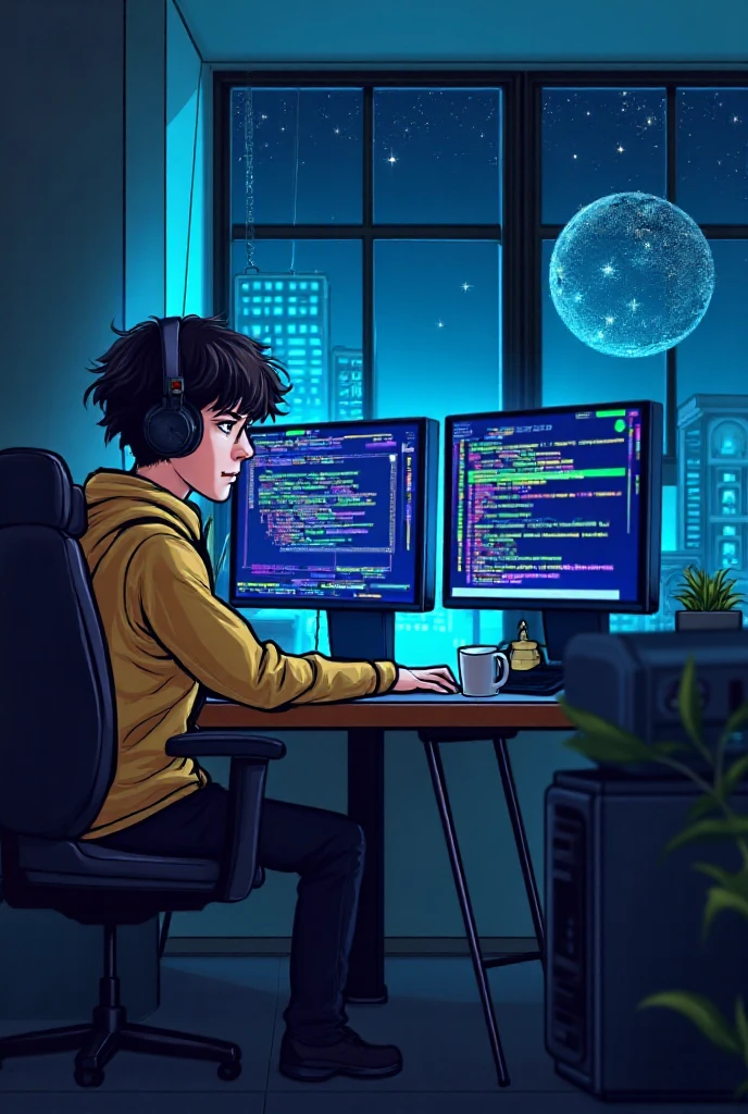 A young coder is working intently in front of a dual monitor - SeaArt AI