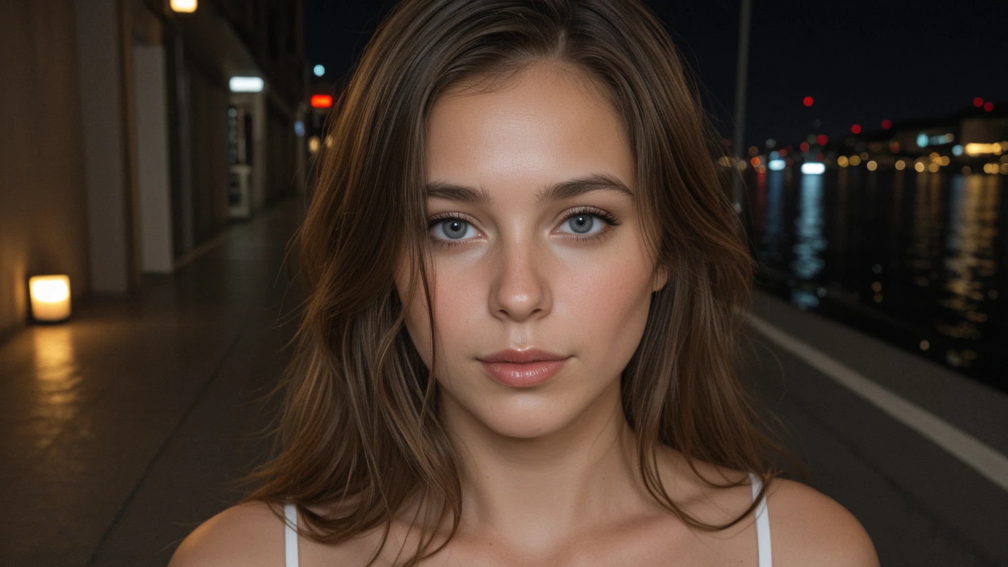 White woman, 35 years old, Brown hair, long hair, Nice hair, Green eyes, Nice face, simetric face, Nice body, smile, street, night, , small , tank top