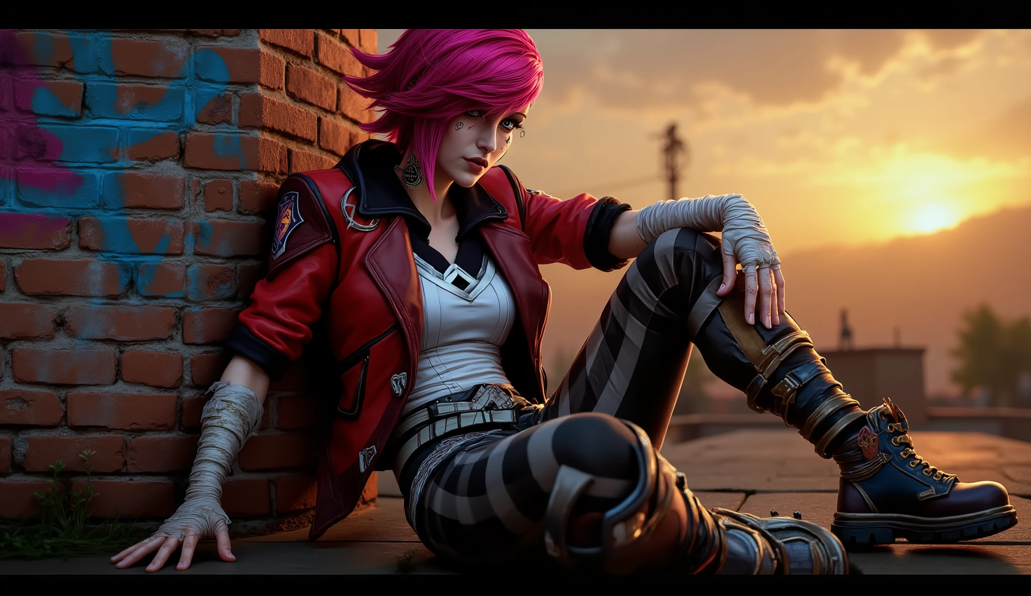 Vi: League of Legends/ARCANE, FEMALE/WOMAN, tattoo, neck tattoo, nose ring, ear piercing, red/magenta undercut hairstyle, red leather jacket, arms and hands bandaged, VI tattoo on her cheek, side shot, sitting with her back against a brick wall filled with bold graffiti, one leg extended, the other bent, she looks worn out and tired, head hanging forward, tilted slightly sideways looking directly at the viewer with a slite smirk on her face, at sunset, casting long shadows and warm colors