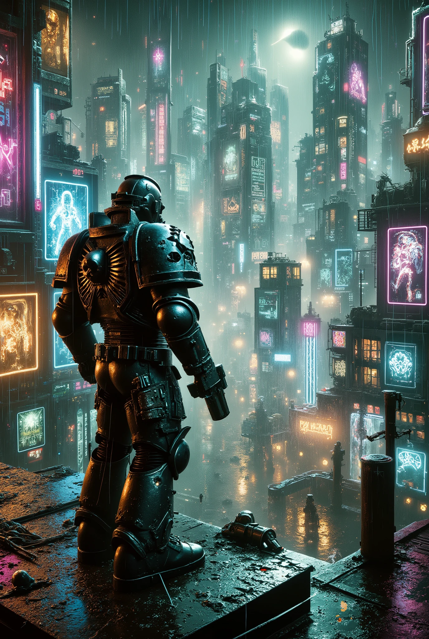 A Warhammer 40k Space Marine in massive black power armor stands on a rooftop, back turned to the viewer, overlooking a sprawling cyberpunk neon city at night. Skyscrapers glow with holograms and neon signs, the atmosphere filled with mist and rain reflections. The Space Marine holds a bolter weapon ready at his side, his pose imposing and vigilant. Focus on the contrast of his armored silhouette against the futuristic cityscape. In the second frame, a close-up of his helmet: glowing lenses reflecting neon lights, raindrops on the metal, cinematic detail, cyberpunk atmosphere, highly detailed, dramatic lighting, epic and atmospheric.