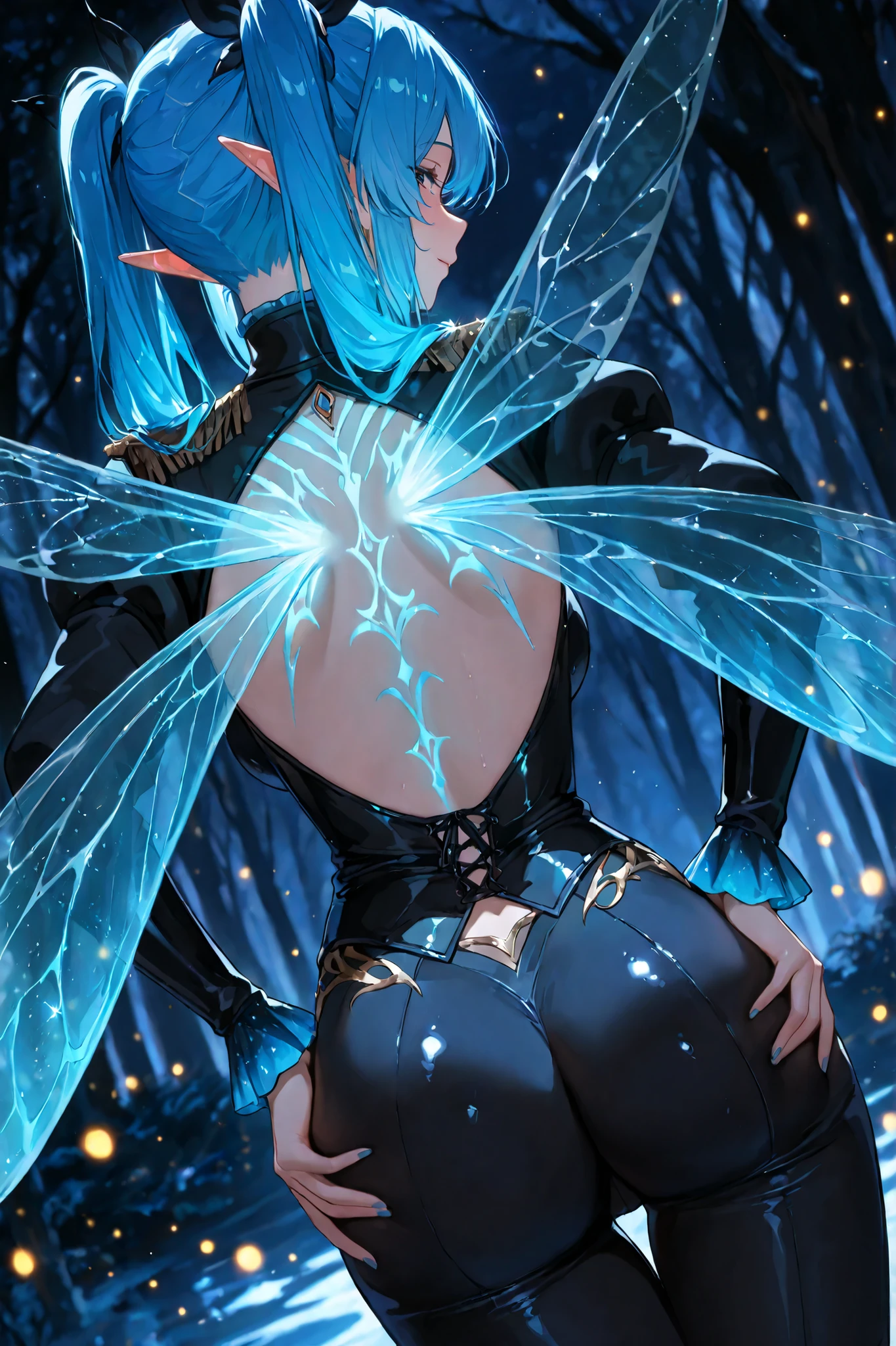 The image shows an animated character with, prickly blue hair, backs that appear to shine with an ethereal light, creating a vibrant contrast with a darker background. The character has pointed ears and fairy wings, suggesting that they may belong to a mythical or fantastic species. They are portrayed with, no visible clothing, short emphasizing their slender constitution and light skin tone. The character's posture is relaxed, with the hands resting on the hips, Designing Confidence. Surrounding them are subtle luminescent effects that provide a supernatural aura, enquanto o escuro, . The blurred background suggests a dark night or forest setting. The general atmosphere is mysterious and charming , combining elements of fantasy and magic, luminous qualities of the character's hair And the dreamy environment.