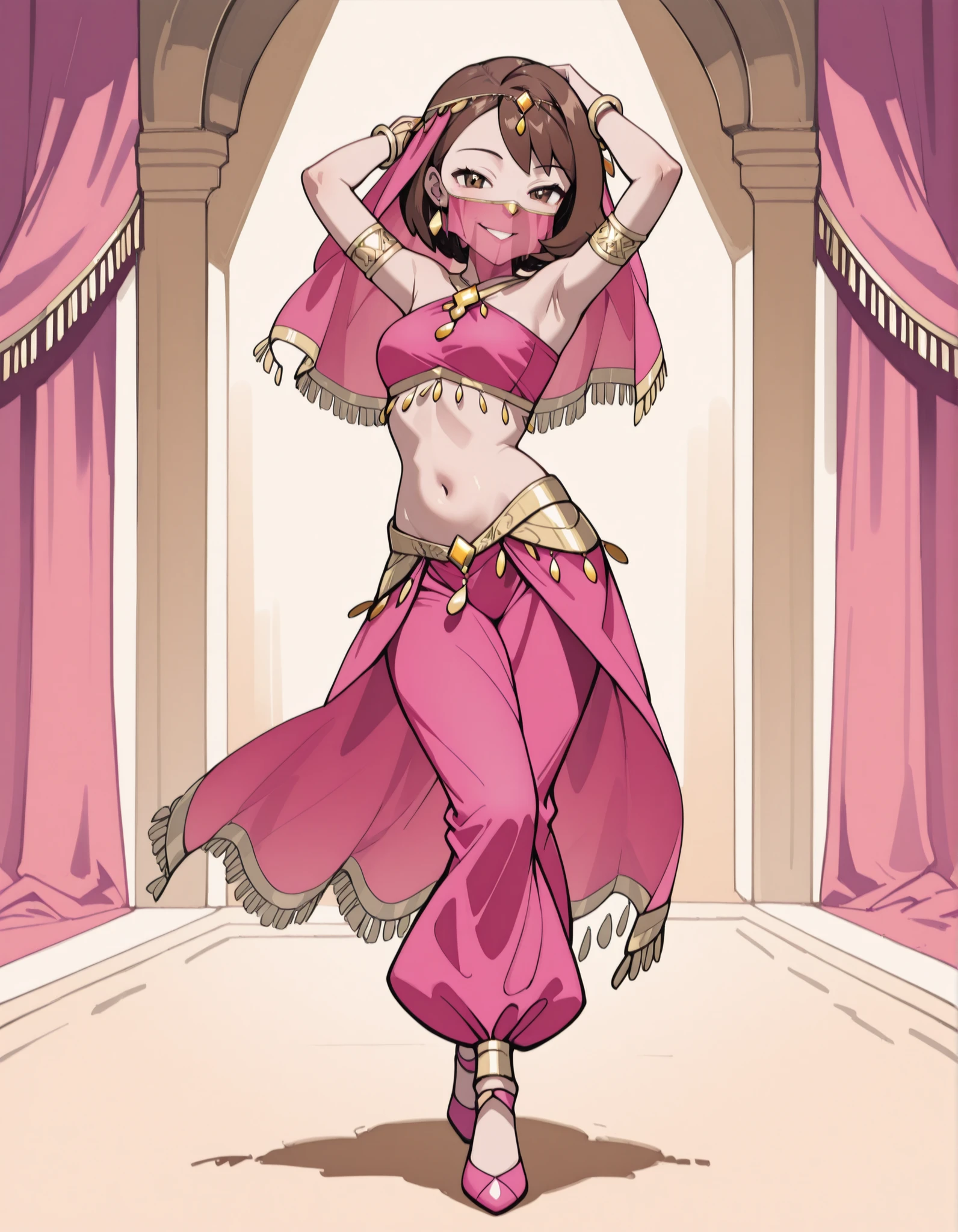 (1girl:1 . 5) , (Seul:1 . 5) , score_9 , score_8_haut , score_7_haut , source_anime , Official work , ultra-detailed , masterpiece , best quality , high resolution , beaux yeux , detailed eyes , Detailed face , beautiful detailed eyes ,Pokemon Sword&Shield, Gloria,Arabian Clothes , Arabian Dancer ,belly dancer costume ,full body,golden jewelery,mouth veil,armlet, belly dancing,arabian theater,seductive smile, dancing with veil, dynamic movement,dance posture, seductive pose