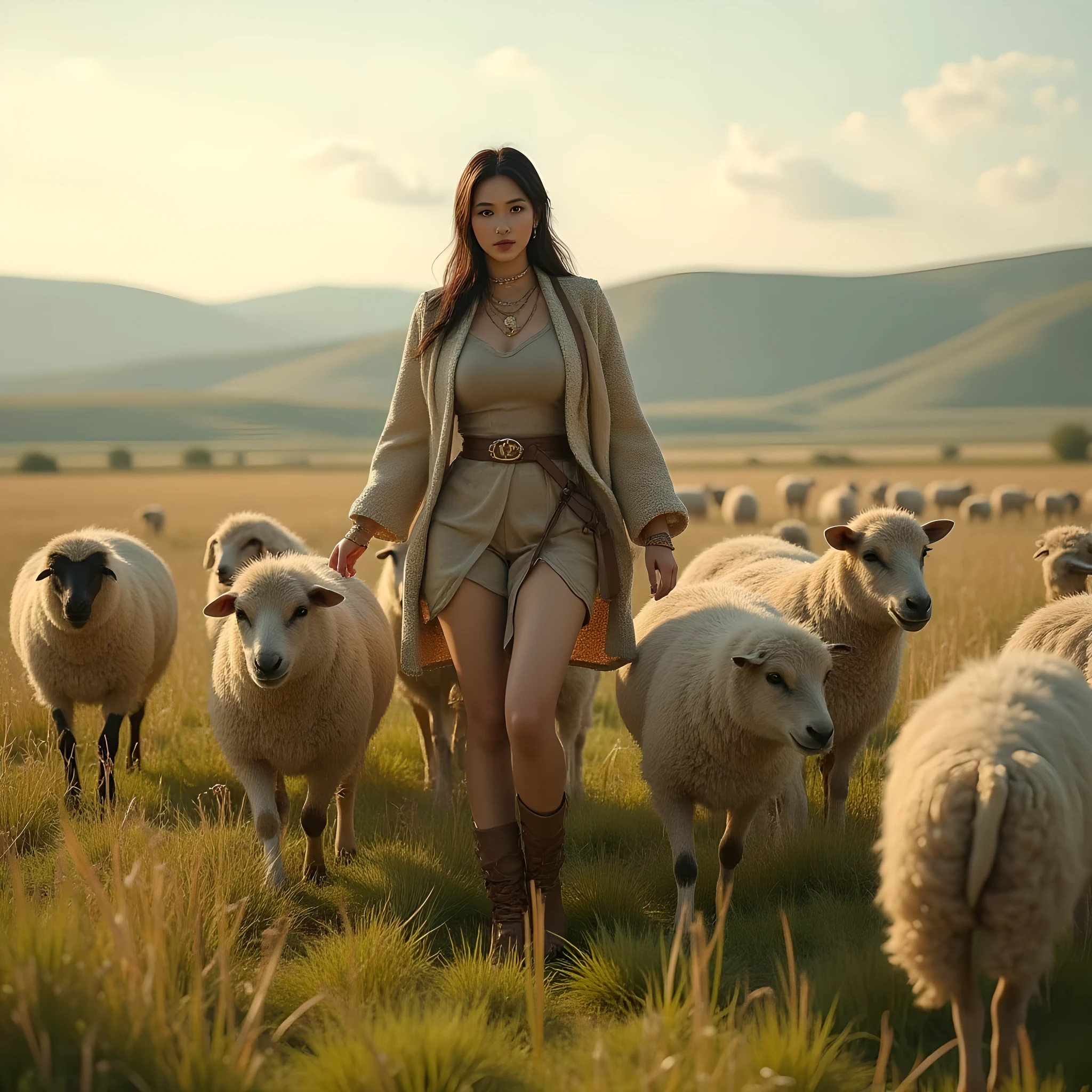 Ancient prehistoric age era, 
Stone civilization age era, 

((Realistic cinematography ultra wide depth intense realistically ultra-detailed savana field grassland angle of scenery)),,the detailed of an Eurasian female herder,herding a majestic amounts of sheeps,on the forefront scenery,, (the cradle of civilization),(flock of sheeps),((farmers tribe)),wearing fully coverage long wool primitively fabric long tunic and long coat primitive wardrobe kimono dress,,,(perfectly depth symmetrically curvy body shapely),(cinematic dynamically camera ultra widely angle scenery:accurately depicted:1.3),the lively prehistoric savana field depicting scenery,afternoon,realistically full depth,(cinematography dynamic angle|hyperrealistic:realistic scenery:3d texture over the scenery),autumn season,best videography angle,hdr,golden hour, (cinematography vibe),primitive wardrobe,(dynamic image composition),(octane 3d rendering|50mm lens shot:1.3),(lifelike skin texture:lifelike hairs:realism),(best rule of third photography composition),(best image aperture),(full details depth of field),(best shutter speed),(RAW photo image),(photorealistic|photorealism:hyperrealism style),(realistic depth 3d:cgi:1.3),(trending on cgsociety:devianart:unreal engine 5),,(best photography:national Geographic style), solarPunkAi and greenPunkAi artwork, digital art,best lighting concept,(realistic intricately fixed truly fully human's anatomy body+hands+and+fingers anatomical),natural motion,inspired by farcry5 game artwork.