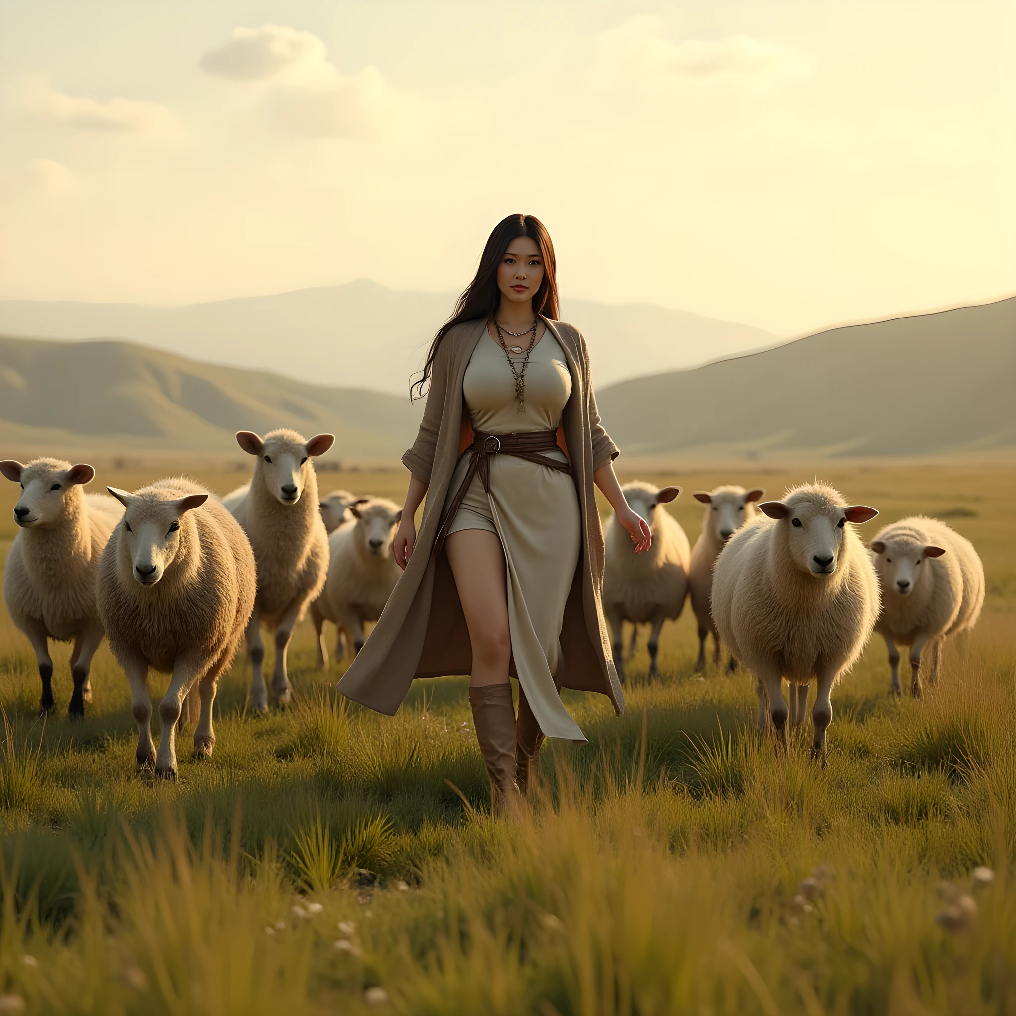 Ancient prehistoric age era,
Stone civilization age era,
((Realistic cinematography ultra wide depth intense realistically ultra-detailed savana field grassland angle of scenery)),,the detailed of an Eurasian female herder,herding a majestic amounts of sheeps,on the forefront scenery,, (the cradle of civilization),(flock of sheeps),((farmers tribe)),wearing fully coverage long wool primitively fabric long tunic and long coat primitive wardrobe kimono dress,,,(perfectly depth symmetrically curvy body shapely),(cinematic dynamically camera ultra widely angle scenery:accurately depicted:1.3),the lively prehistoric savana field depicting scenery,afternoon,realistically full depth,(cinematography dynamic angle|hyperrealistic:realistic scenery:3d texture over the scenery),autumn season,best videography angle,hdr,golden hour, (cinematography vibe),primitive wardrobe,(dynamic image composition),(octane 3d rendering|50mm lens shot:1.3),(lifelike skin texture:lifelike hairs:realism),(best rule of third photography composition),(best image aperture),(full details depth of field),(best shutter speed),(RAW photo image),(photorealistic|photorealism:hyperrealism style),(realistic depth 3d:cgi:1.3),(trending on cgsociety:devianart:unreal engine 5),,(best photography:national Geographic style), solarPunkAi and greenPunkAi artwork, digital art,best lighting concept,(realistic intricately fixed truly fully human's anatomy body+hands+and+fingers anatomical),natural motion,inspired by farcry5 game artwork.