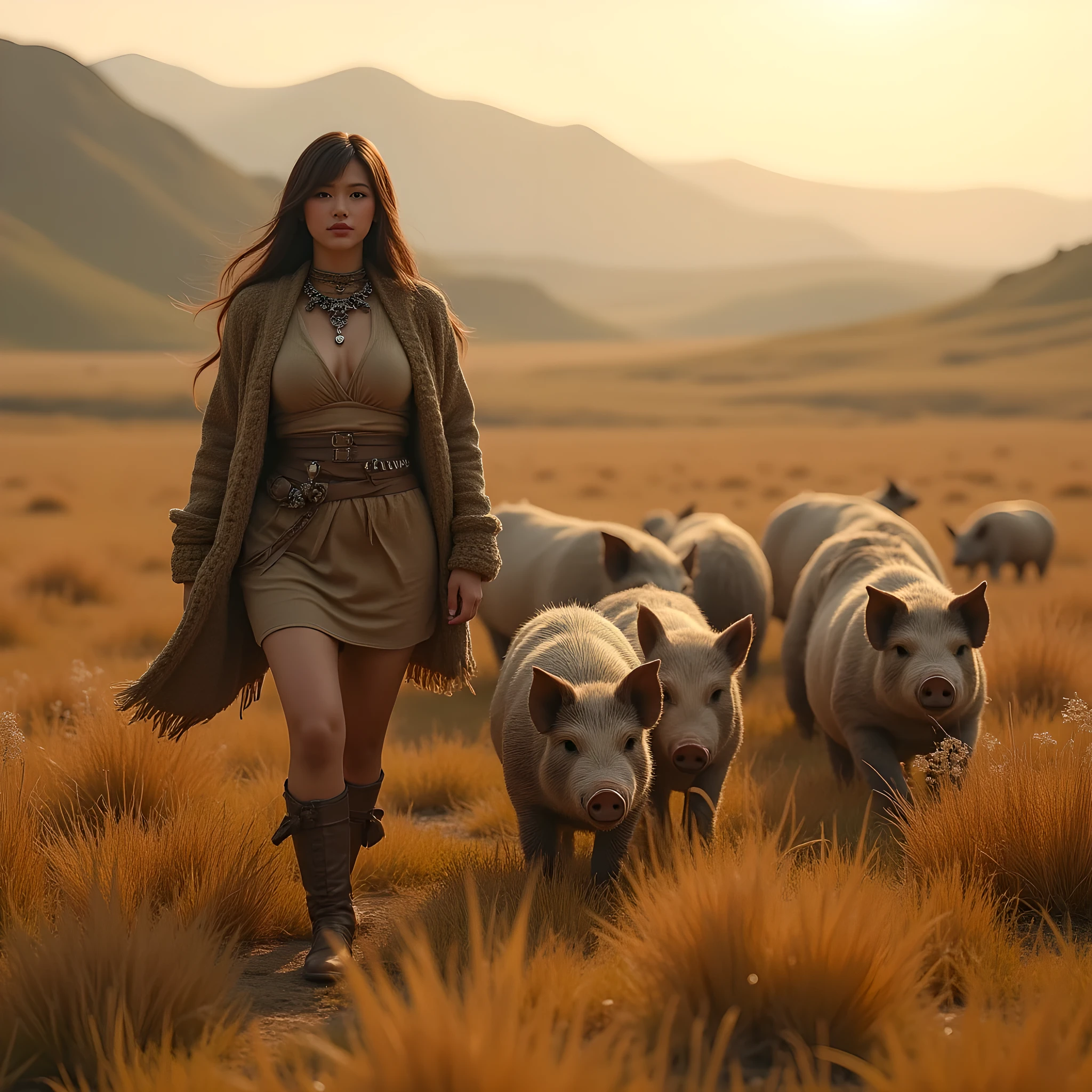 Ancient prehistoric age era, 
Stone civilization age era, 

((Realistic cinematography ultra wide depth intense realistically ultra-detailed savana field grassland angle of scenery)),,the detailed of an Eurasian female herder,herding a majestic amounts of pigs,on the forefront scenery,, (the cradle of civilization),(flock of pigs),((farmers tribe)),wearing fully coverage long wool primitively fabric long tunic and long coat primitive wardrobe kimono dress,,,(perfectly depth symmetrically curvy body shapely),(cinematic dynamically camera ultra widely angle scenery:accurately depicted:1.3),the lively prehistoric savana field depicting scenery,afternoon,realistically full depth,(cinematography dynamic angle|hyperrealistic:realistic scenery:3d texture over the scenery),autumn season,best videography angle,hdr,golden hour, (cinematography vibe),primitive wardrobe,(dynamic image composition),(octane 3d rendering|50mm lens shot:1.3),(lifelike skin texture:lifelike hairs:realism),(best rule of third photography composition),(best image aperture),(full details depth of field),(best shutter speed),(RAW photo image),(photorealistic|photorealism:hyperrealism style),(realistic depth 3d:cgi:1.3),(trending on cgsociety:devianart:unreal engine 5),,(best photography:national Geographic style), solarPunkAi and greenPunkAi artwork, digital art,best lighting concept,(realistic intricately fixed truly fully human's anatomy body+hands+and+fingers anatomical),natural motion,inspired by farcry5 game artwork.