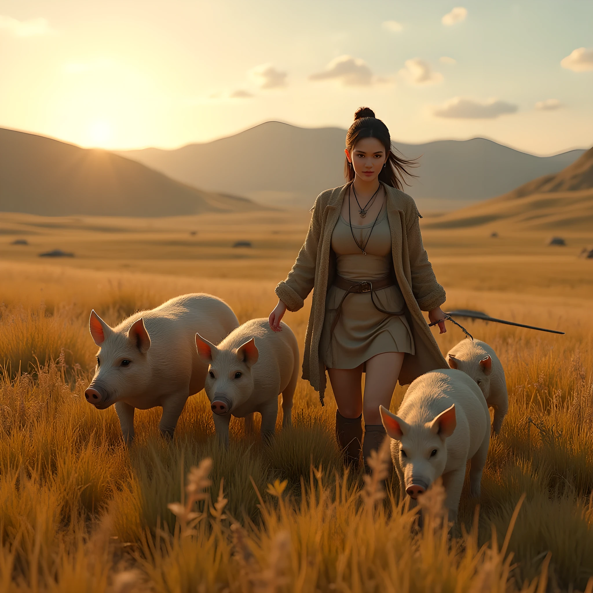 Ancient prehistoric age era, 
Stone civilization age era, 

((Realistic cinematography ultra wide depth intense realistically ultra-detailed savana field grassland angle of scenery)),,the detailed of an Eurasian female herder,herding a majestic amounts of pigs,on the forefront scenery,, (the cradle of civilization),(flock of pigs),((farmers tribe)),wearing fully coverage long wool primitively fabric long tunic and long coat primitive wardrobe kimono dress,,,(perfectly depth symmetrically curvy body shapely),(cinematic dynamically camera ultra widely angle scenery:accurately depicted:1.3),the lively prehistoric savana field depicting scenery,afternoon,realistically full depth,(cinematography dynamic angle|hyperrealistic:realistic scenery:3d texture over the scenery),autumn season,best videography angle,hdr,golden hour, (cinematography vibe),primitive wardrobe,(dynamic image composition),(octane 3d rendering|50mm lens shot:1.3),(lifelike skin texture:lifelike hairs:realism),(best rule of third photography composition),(best image aperture),(full details depth of field),(best shutter speed),(RAW photo image),(photorealistic|photorealism:hyperrealism style),(realistic depth 3d:cgi:1.3),(trending on cgsociety:devianart:unreal engine 5),,(best photography:national Geographic style), solarPunkAi and greenPunkAi artwork, digital art,best lighting concept,(realistic intricately fixed truly fully human's anatomy body+hands+and+fingers anatomical),natural motion,inspired by farcry5 game artwork.