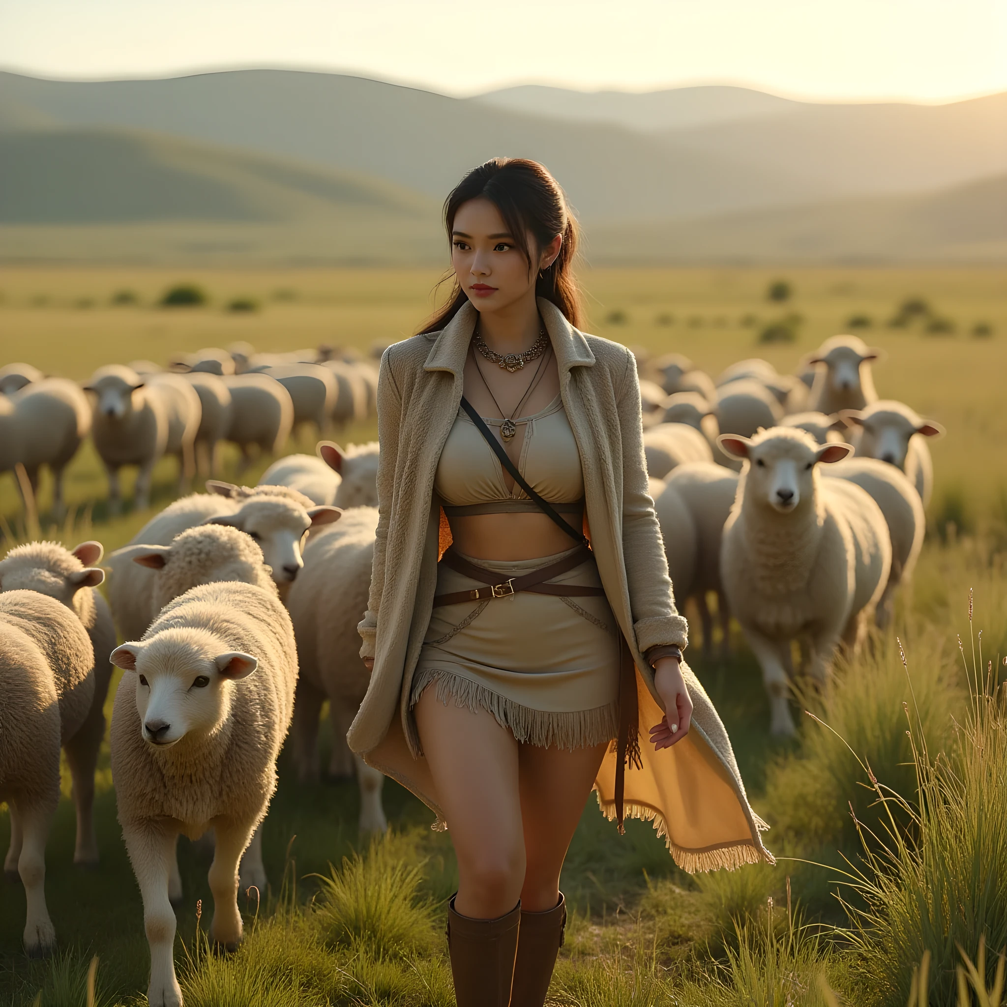 Ancient prehistoric age era, 
Stone civilization age era, 

((Realistic cinematography ultra wide depth intense realistically ultra-detailed savana field grassland angle of scenery)),,the detailed of an Eurasian female herder,herding a majestic amounts of sheeps,on the forefront scenery,, (the cradle of civilization),(flock of sheeps),((farmers tribe)),wearing fully coverage long wool primitively fabric long tunic and long coat primitive wardrobe kimono dress,,,(perfectly depth symmetrically curvy body shapely),(cinematic dynamically camera ultra widely angle scenery:accurately depicted:1.3),the lively prehistoric savana field depicting scenery,afternoon,realistically full depth,(cinematography dynamic angle|hyperrealistic:realistic scenery:3d texture over the scenery),autumn season,best videography angle,hdr,golden hour, (cinematography vibe),primitive wardrobe,(dynamic image composition),(octane 3d rendering|50mm lens shot:1.3),(lifelike skin texture:lifelike hairs:realism),(best rule of third photography composition),(best image aperture),(full details depth of field),(best shutter speed),(RAW photo image),(photorealistic|photorealism:hyperrealism style),(realistic depth 3d:cgi:1.3),(trending on cgsociety:devianart:unreal engine 5),,(best photography:national Geographic style), solarPunkAi and greenPunkAi artwork, digital art,best lighting concept,(realistic intricately fixed truly fully human's anatomy body+hands+and+fingers anatomical),natural motion,inspired by farcry5 game artwork.