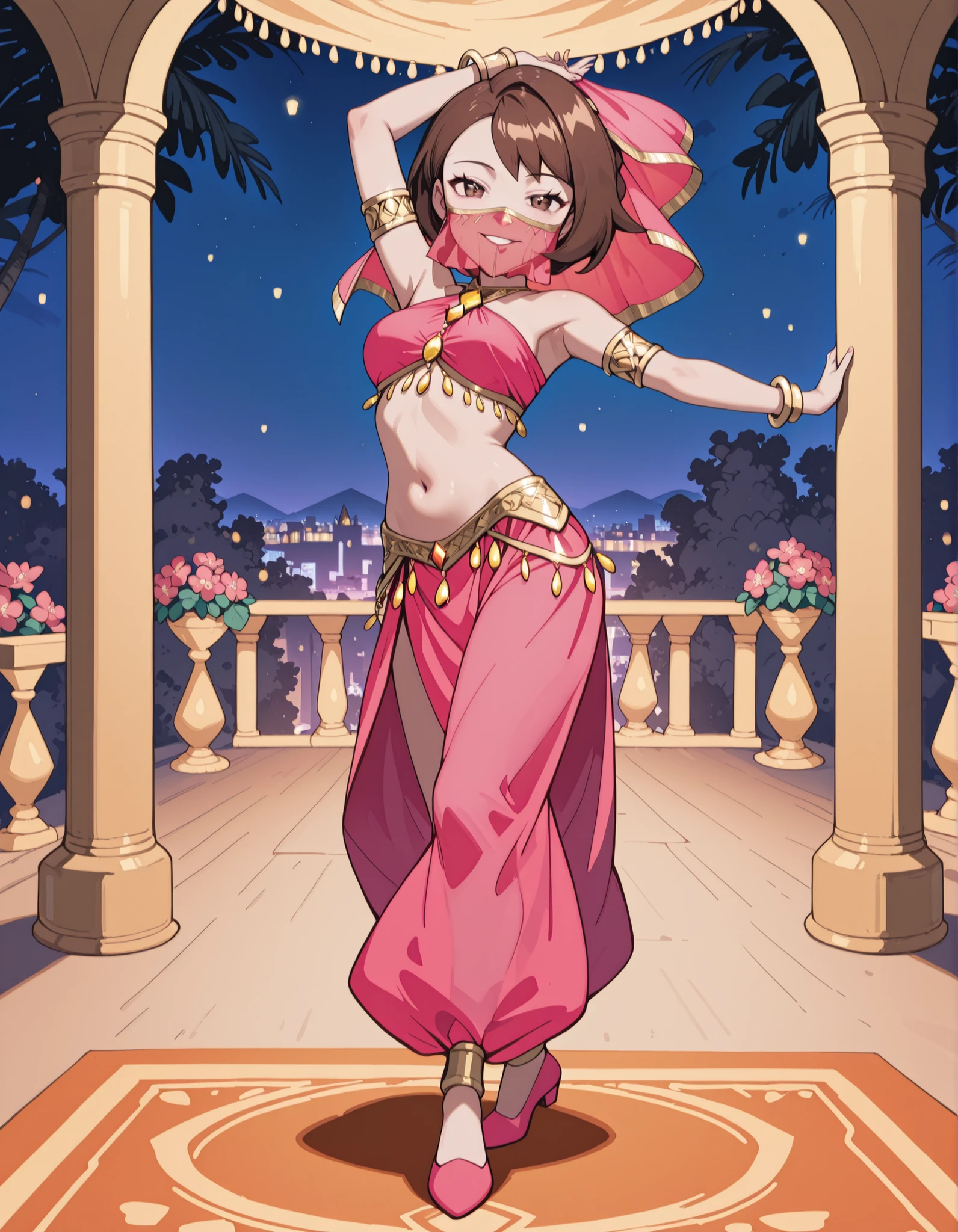 (1girl:1 . 5) , (Seul:1 . 5) , score_9 , score_8_haut , score_7_haut , source_anime , Official work , ultra-detailed , masterpiece , best quality , high resolution , beaux yeux , detailed eyes , Detailed face , beautiful detailed eyes ,Pokemon Sword&Shield, Gloria,Arabian Clothes , Arabian Dancer ,belly dancer costume ,full body,golden jewelery,mouth veil,armlet, belly dancing,night,arabian garden,seductive smile, dancing with veil, dynamic movement,dance posture, seductive pose
