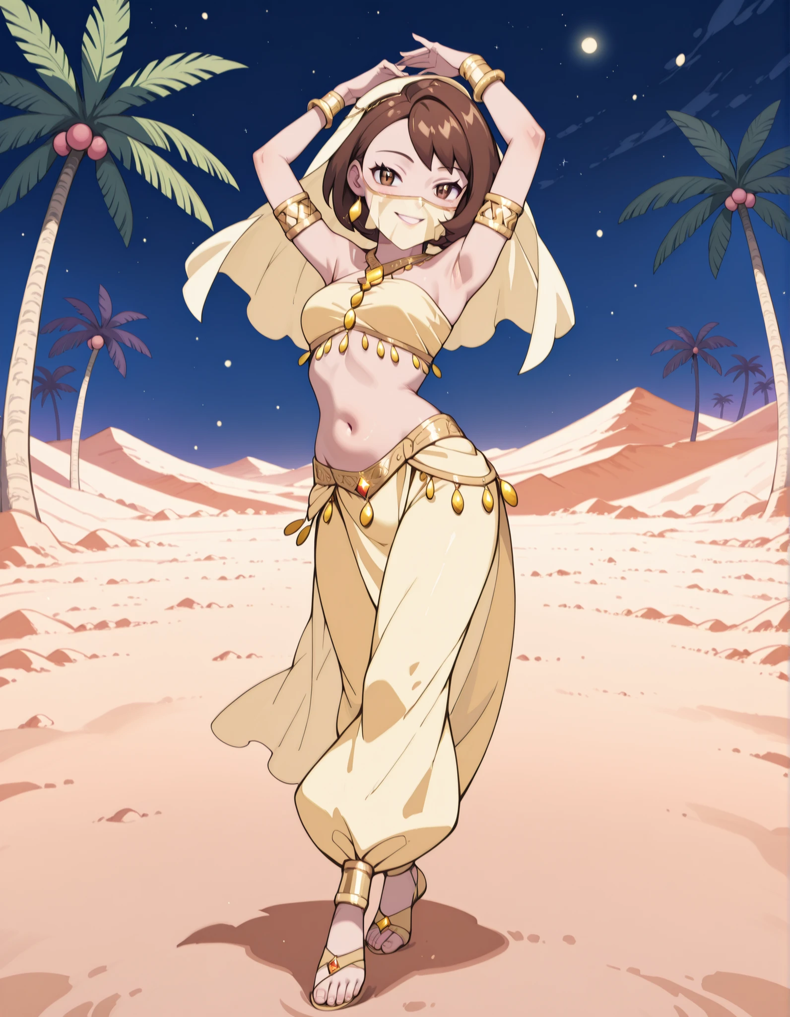 (1girl:1 . 5) , (Seul:1 . 5) , score_9 , score_8_haut , score_7_haut , source_anime , Official work , ultra-detailed , masterpiece , best quality , high resolution , beaux yeux , detailed eyes , Detailed face , beautiful detailed eyes ,Pokemon Sword&Shield, Gloria,Arabian Clothes , Arabian Dancer ,belly dancer costume ,full body,golden jewelery,mouth veil,armlet, belly dancing,night,desert lands,palm tree,seductive smile, dancing with veil, dynamic movement,dance posture, seductive pose